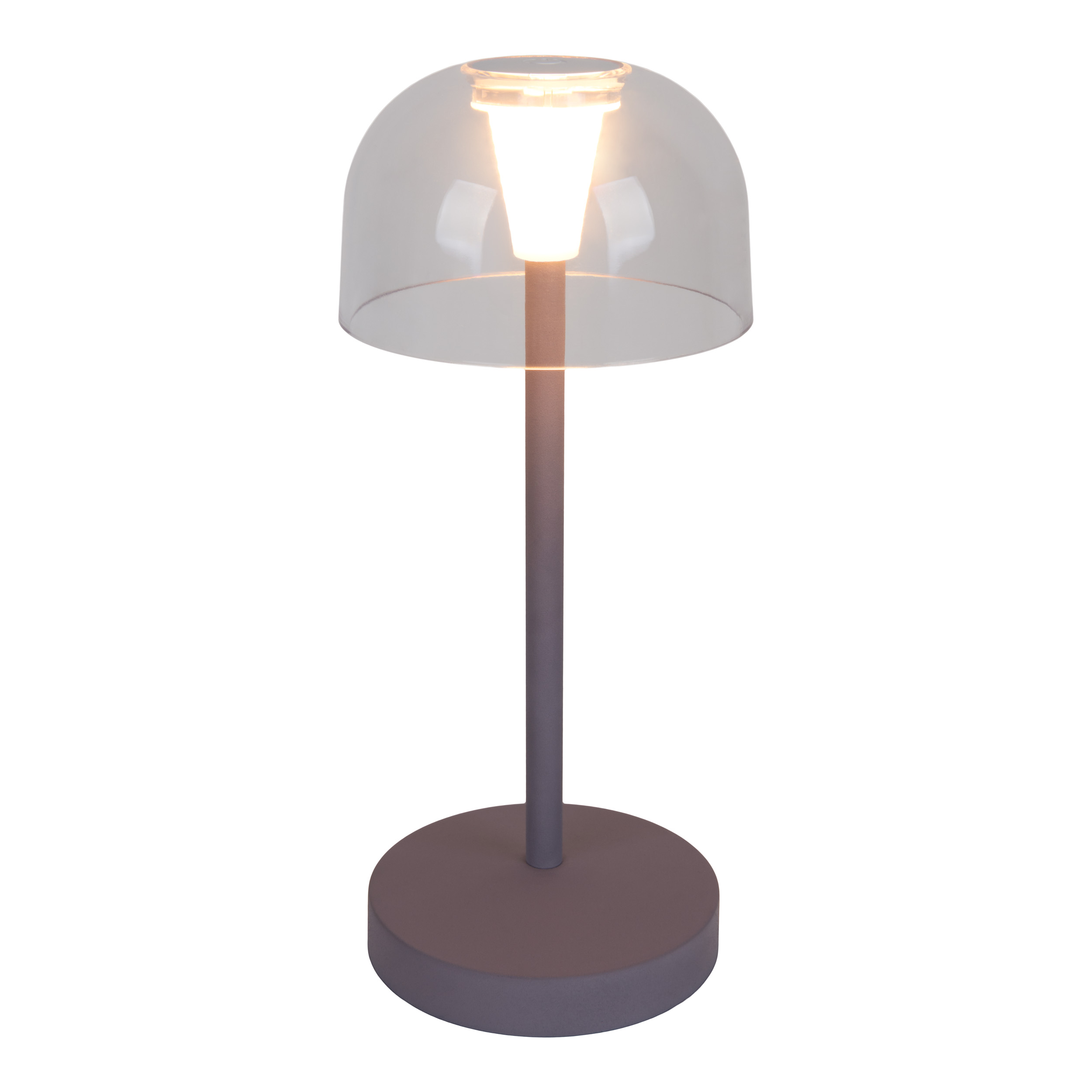 Eine Tischlampe mit einem kuppelförmigen Schirm und einem runden Sockel.