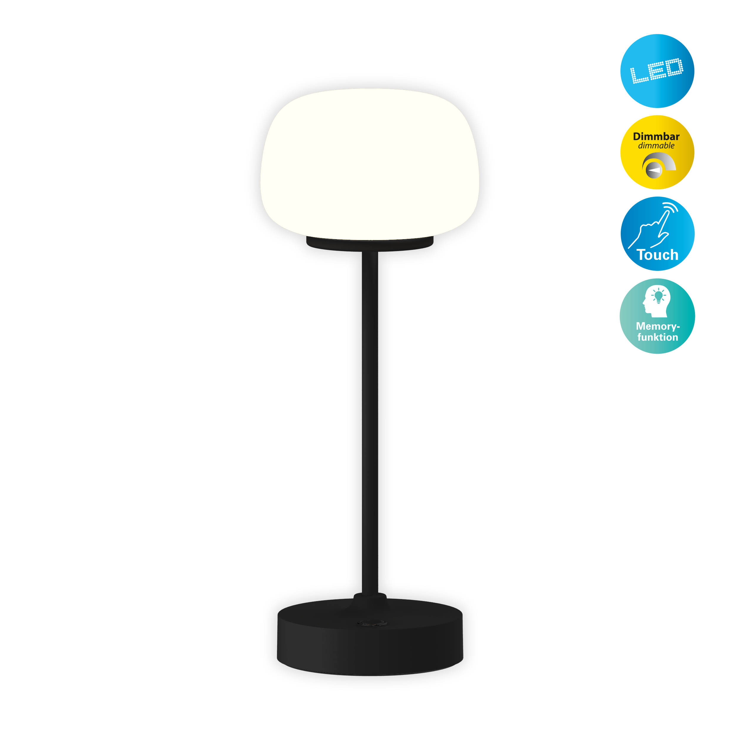Eine schwarze Tischlampe mit weißem Lampenschirm und schwarzem Sockel. Auf der rechten Seite befinden sich Symbole.