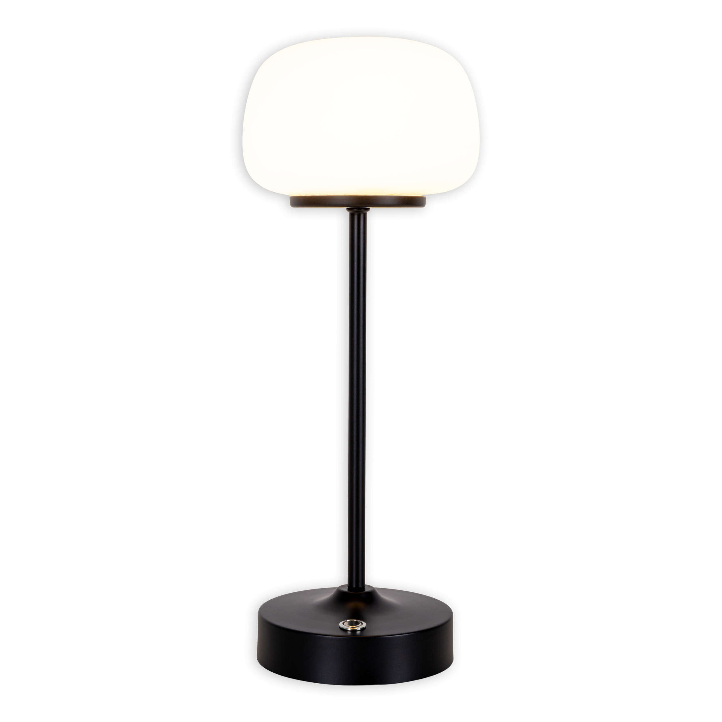 Eine schwarze Nachttischlampe mit weißem, quadratischem Schirm. Sie hat einen schwarzen Sockel und Stiel.