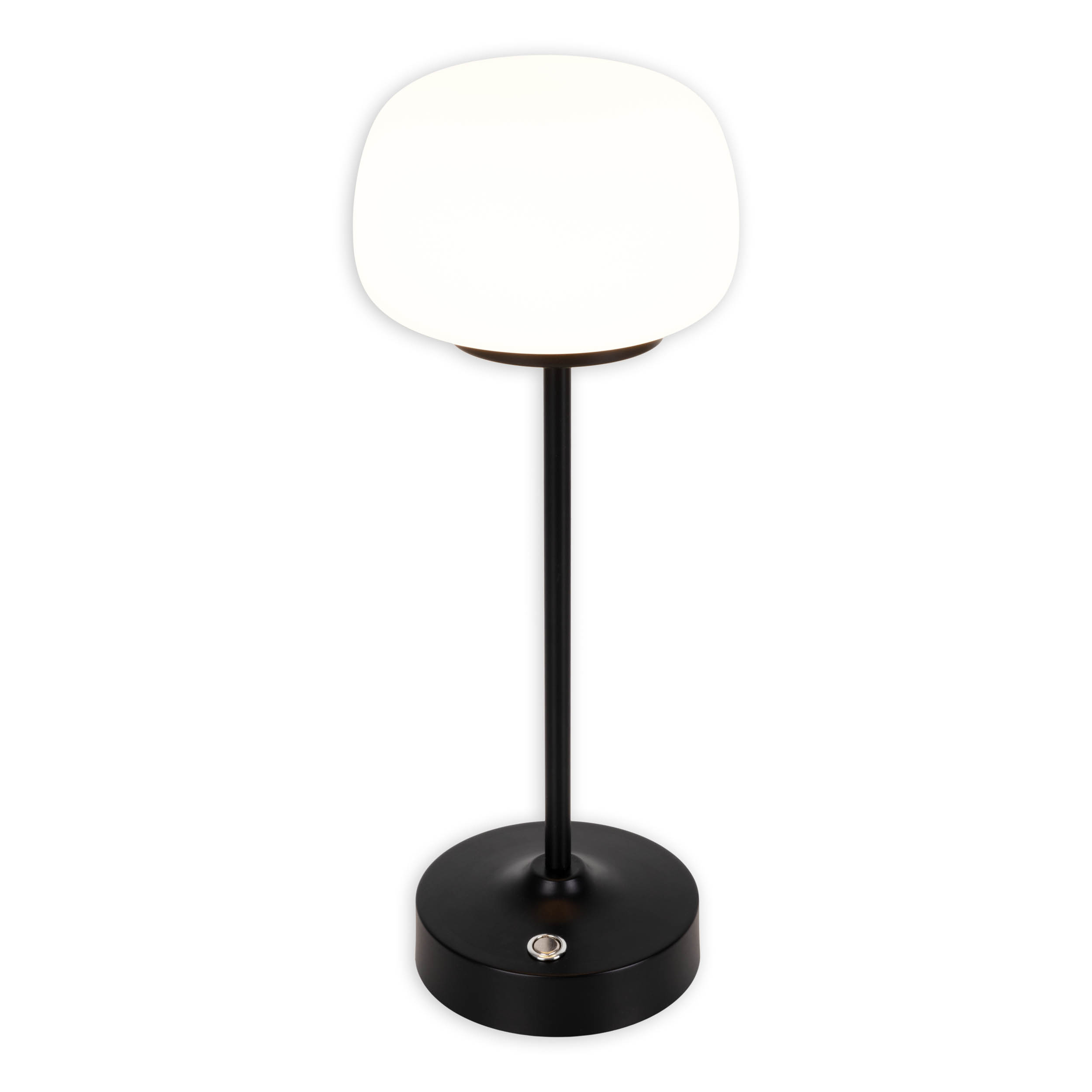 Eine schwarze Tischlampe mit weißem, abgerundetem Schirm und schwarzem Sockel.