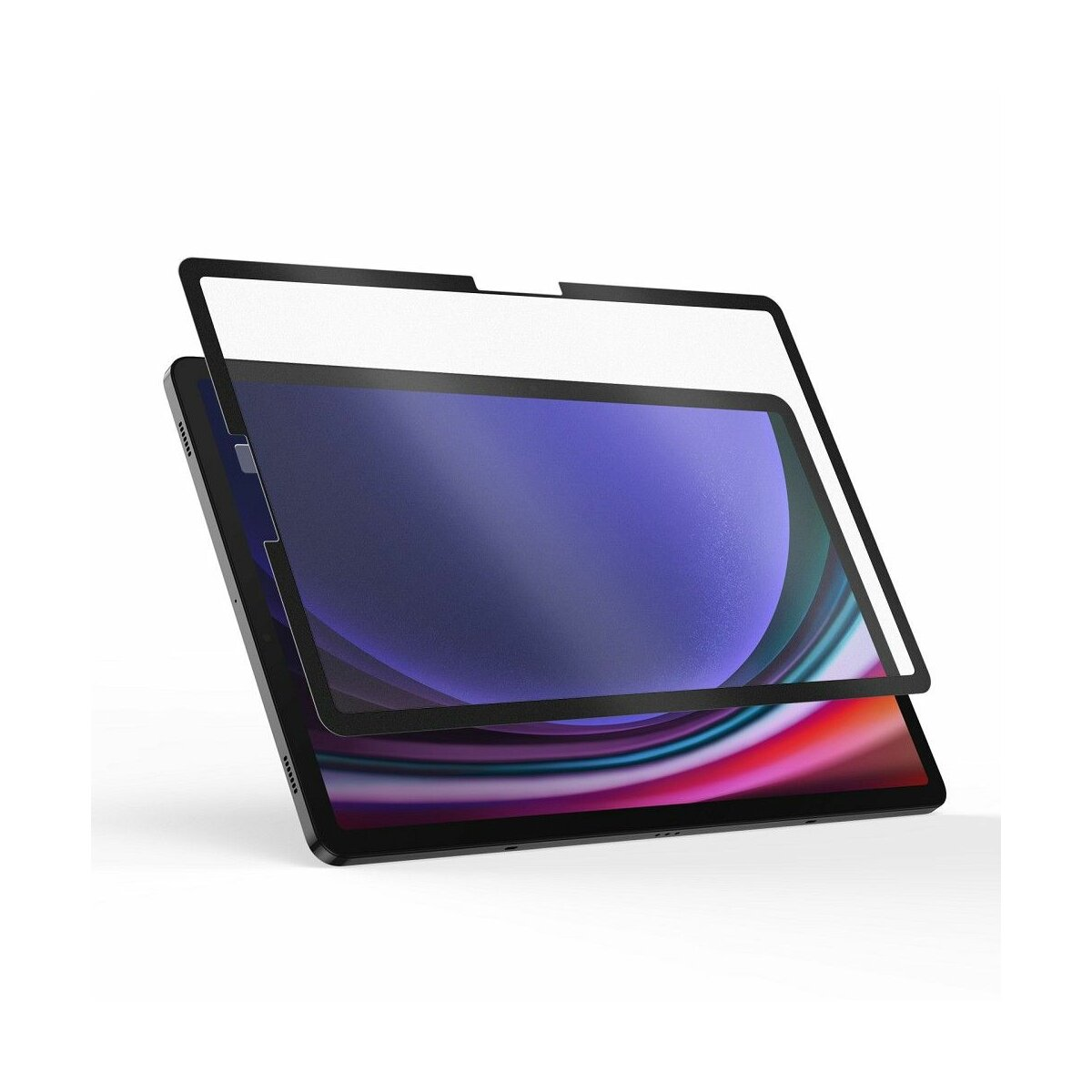 Ein Tablet mit aufgebrachter Displayschutzfolie, mit rosa und lila Hintergrund.