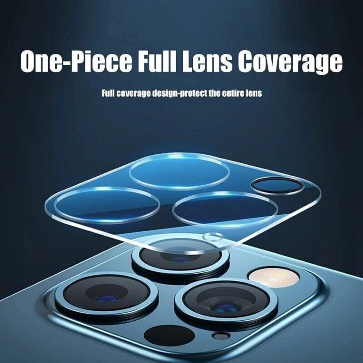 iPhone-Kameraobjektivschutz mit den Worten "One-Piece Full Lens Coverage" oben.