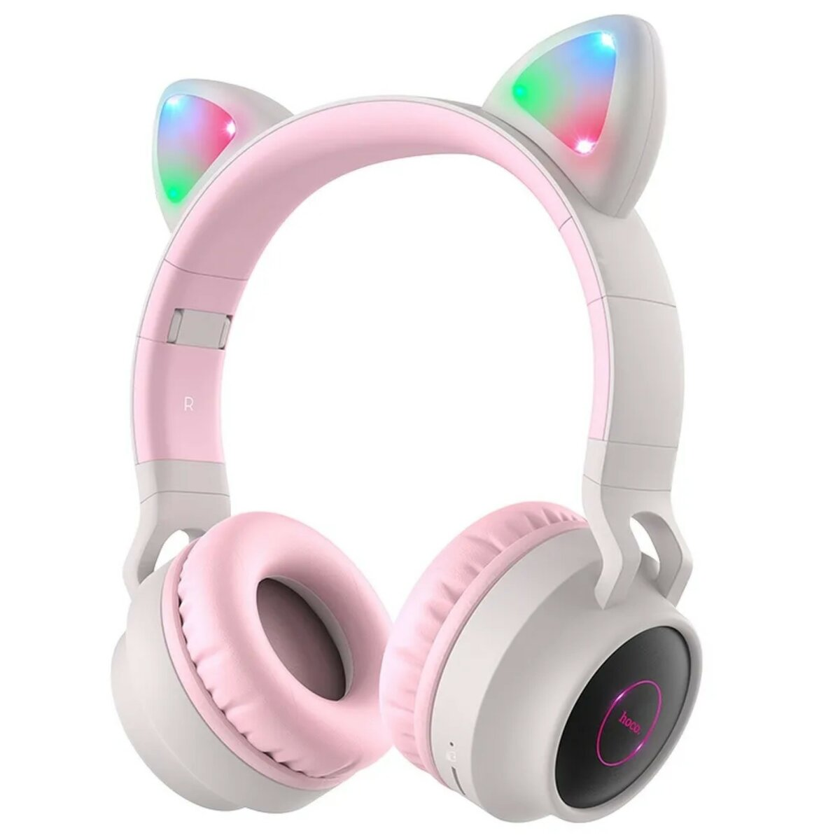 Rosa und weiße Katzenohrkopfhörer mit LED-Leuchten. Die Kopfhörer haben weiche Ohrpolster und ein rosa Stirnband.