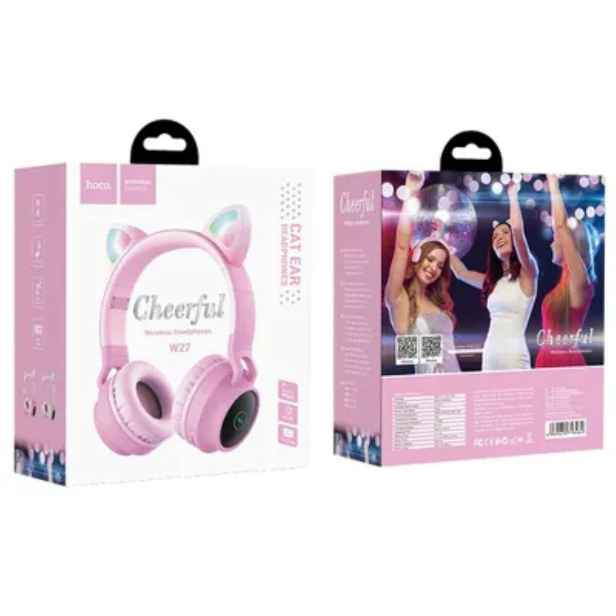 Zwei Kartons. Einer zeigt rosa Katzenohr-Kopfhörer. Der andere hat Bilder von tanzenden Frauen. Beide Kartons haben das Wort "Cheerful".