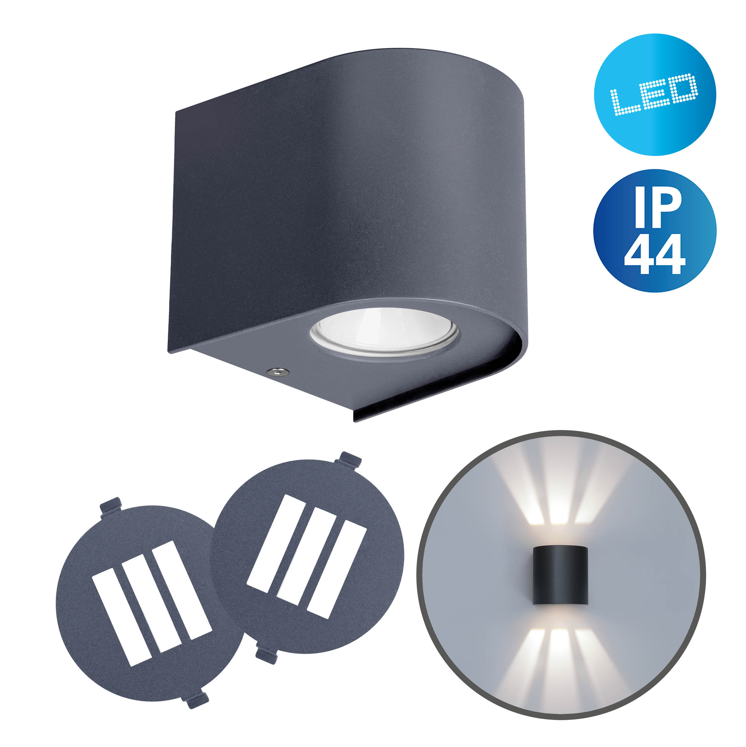 Eine dunkelgraue Außenwandleuchte mit LED- und IP44-Symbolen.
