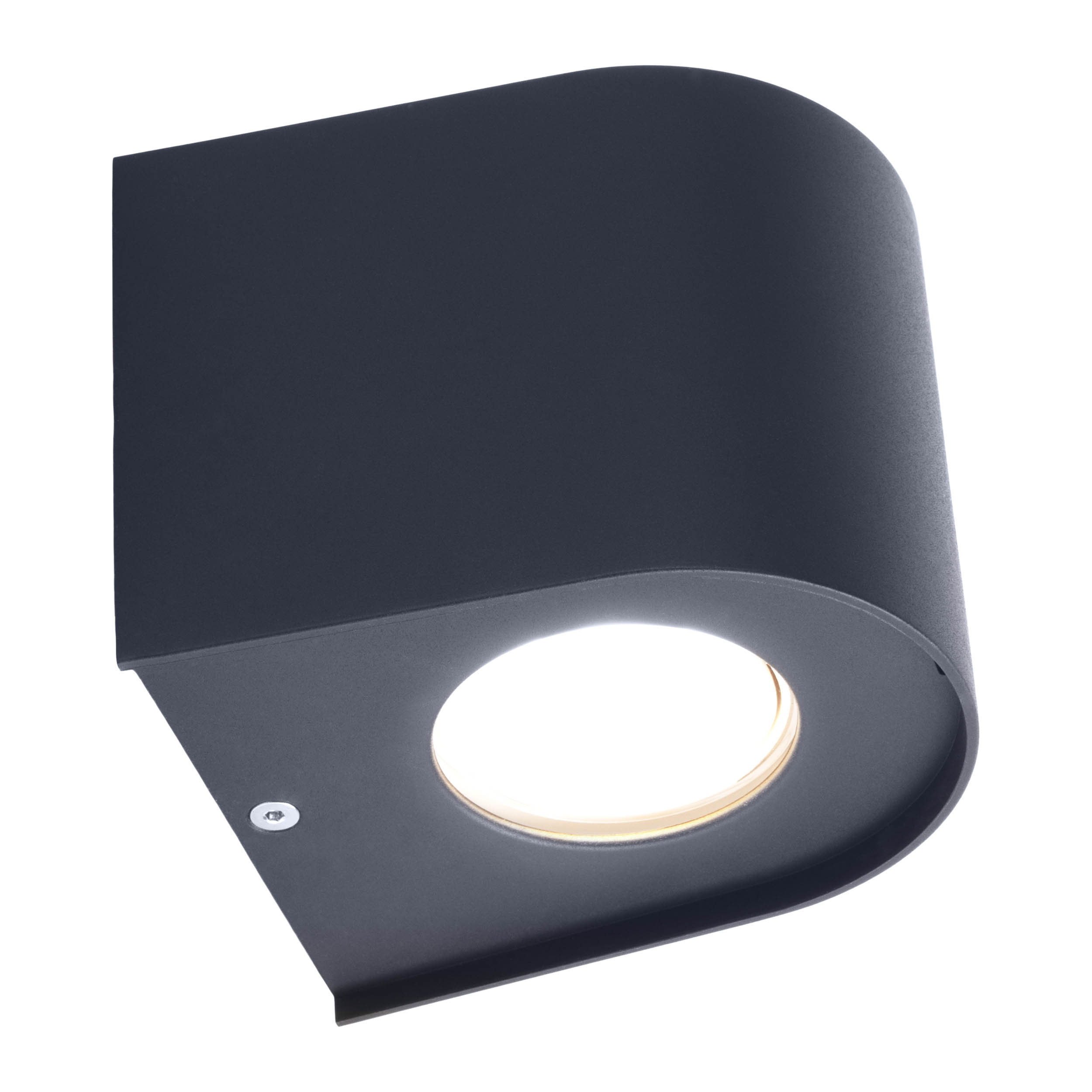 Eine schwarze Wandleuchte für den Außenbereich mit kreisförmiger Lichtquelle.