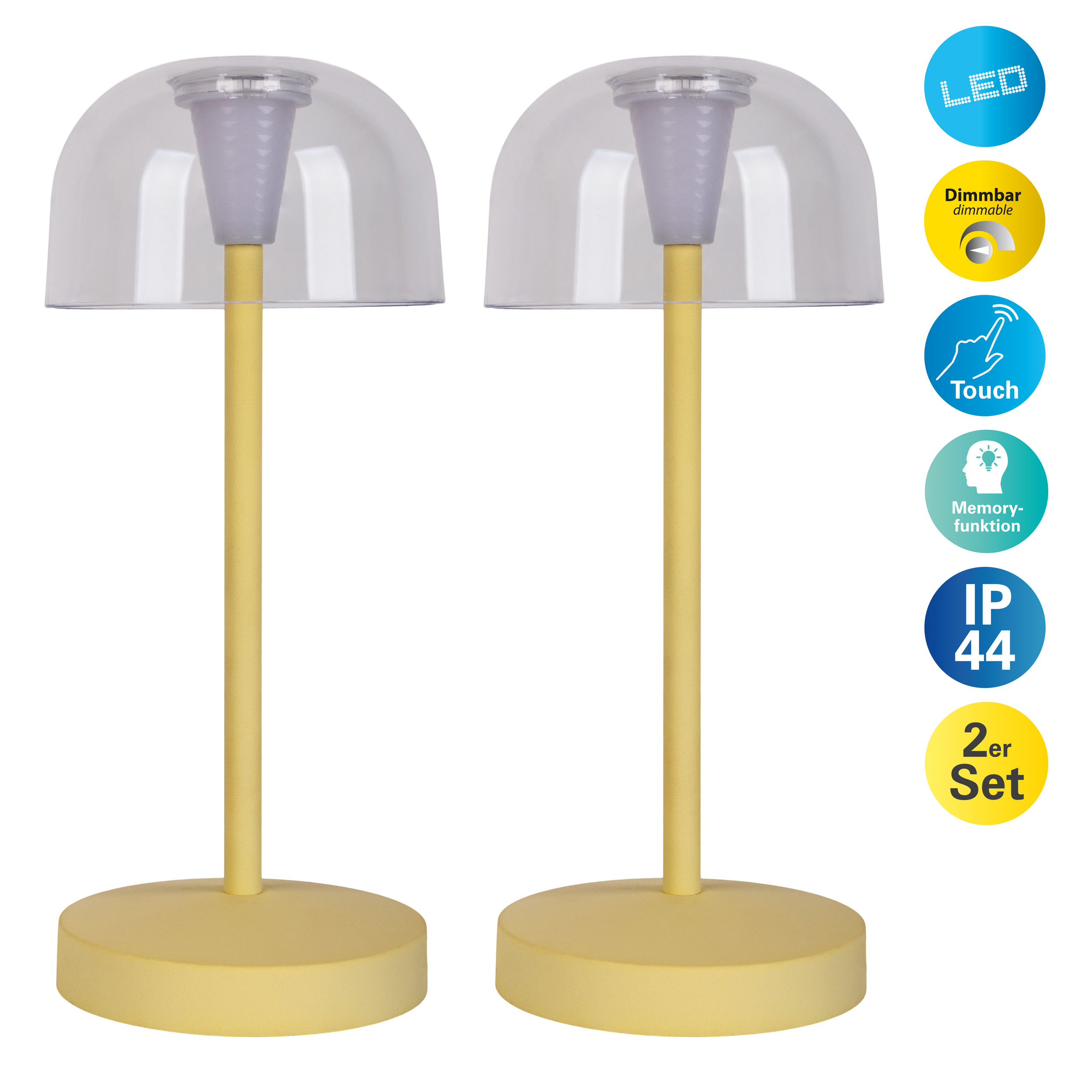 Due lampade da tavolo gialle con cupola trasparente e funzioni touch, circondate da icone informative.