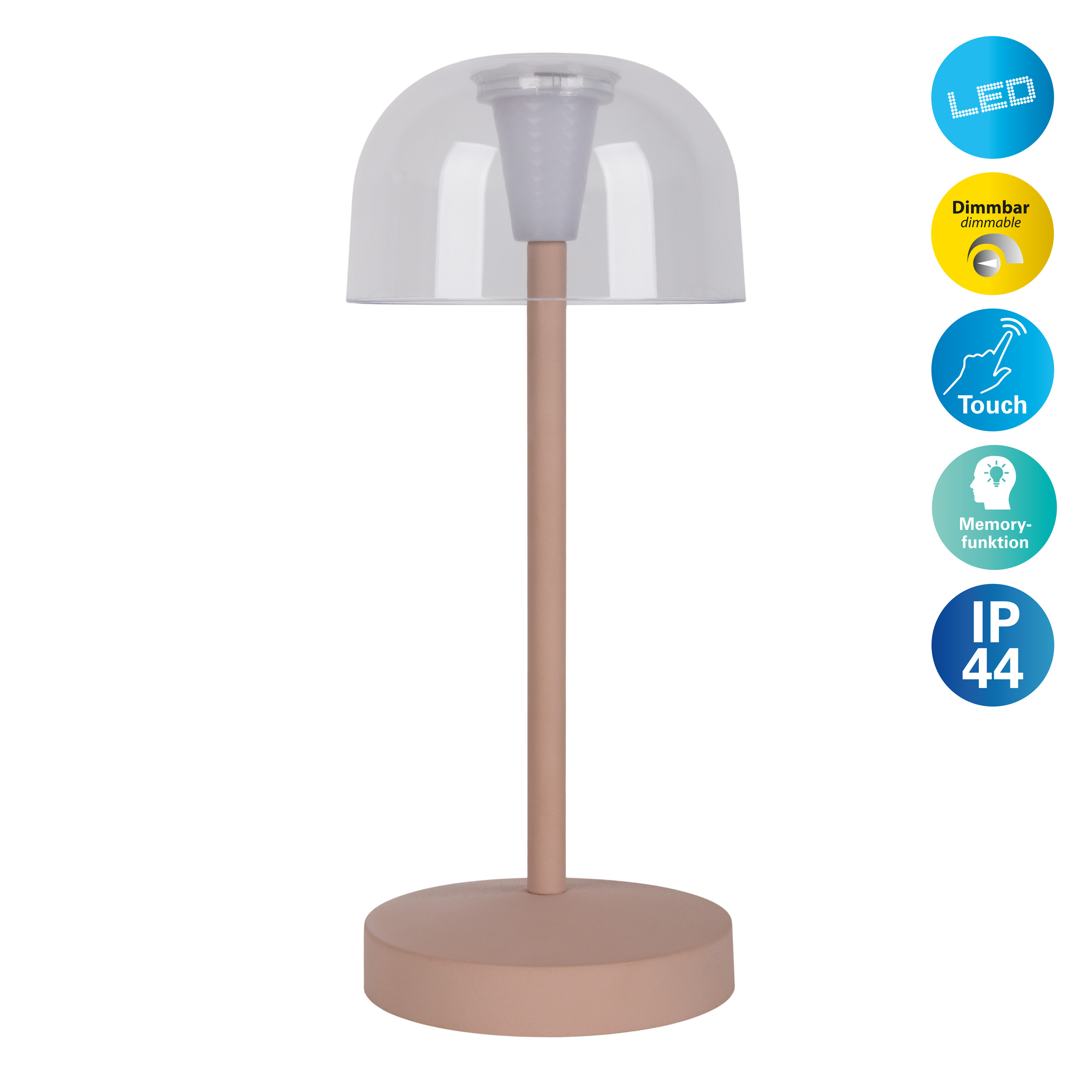 Eine rosa Lampe mit klarer Kuppel und Touch-Funktion, mit Info-Symbolen rechts.