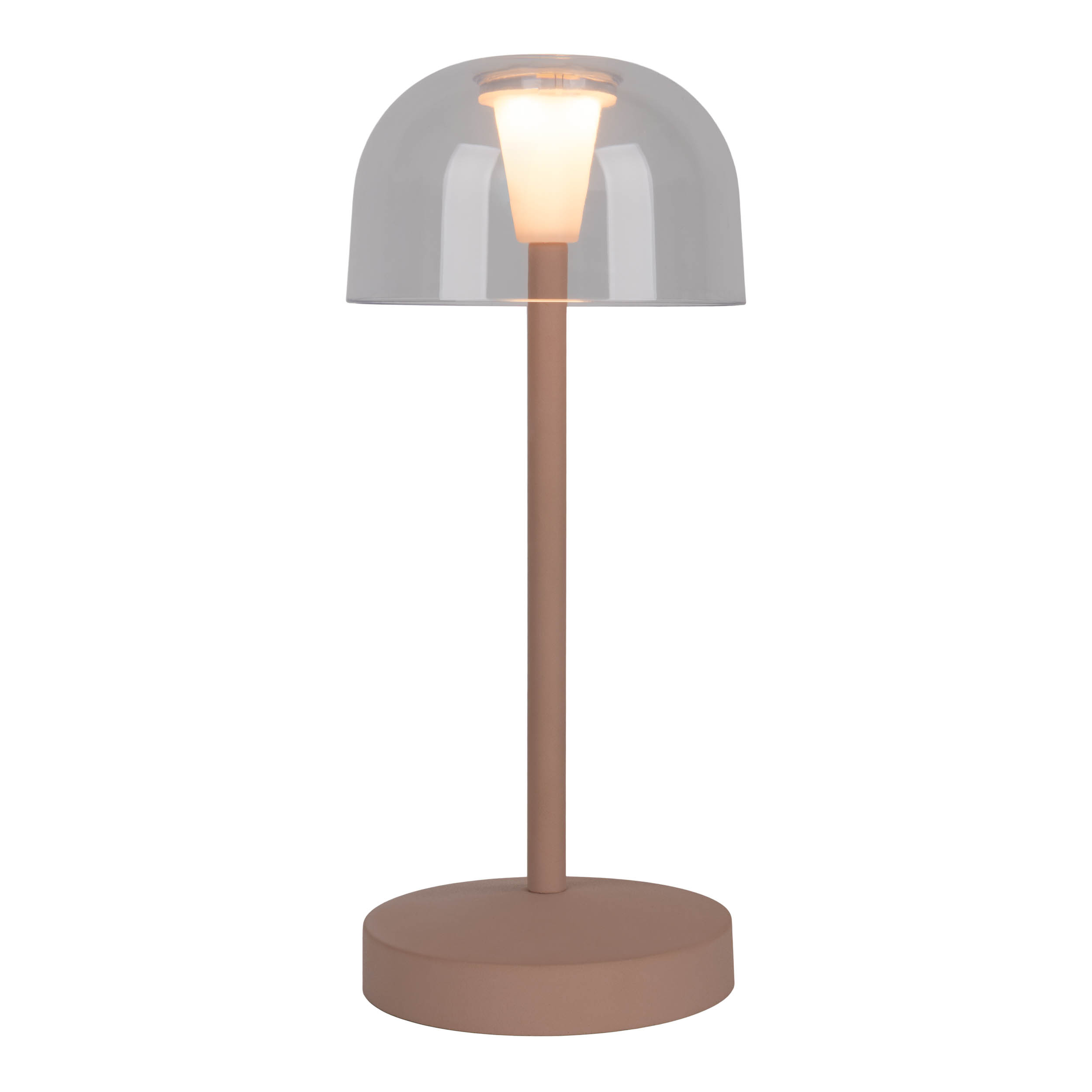 Una lampada da tavolo con base e stelo rosa, sormontata da una cupola trasparente. Isolato su bianco.