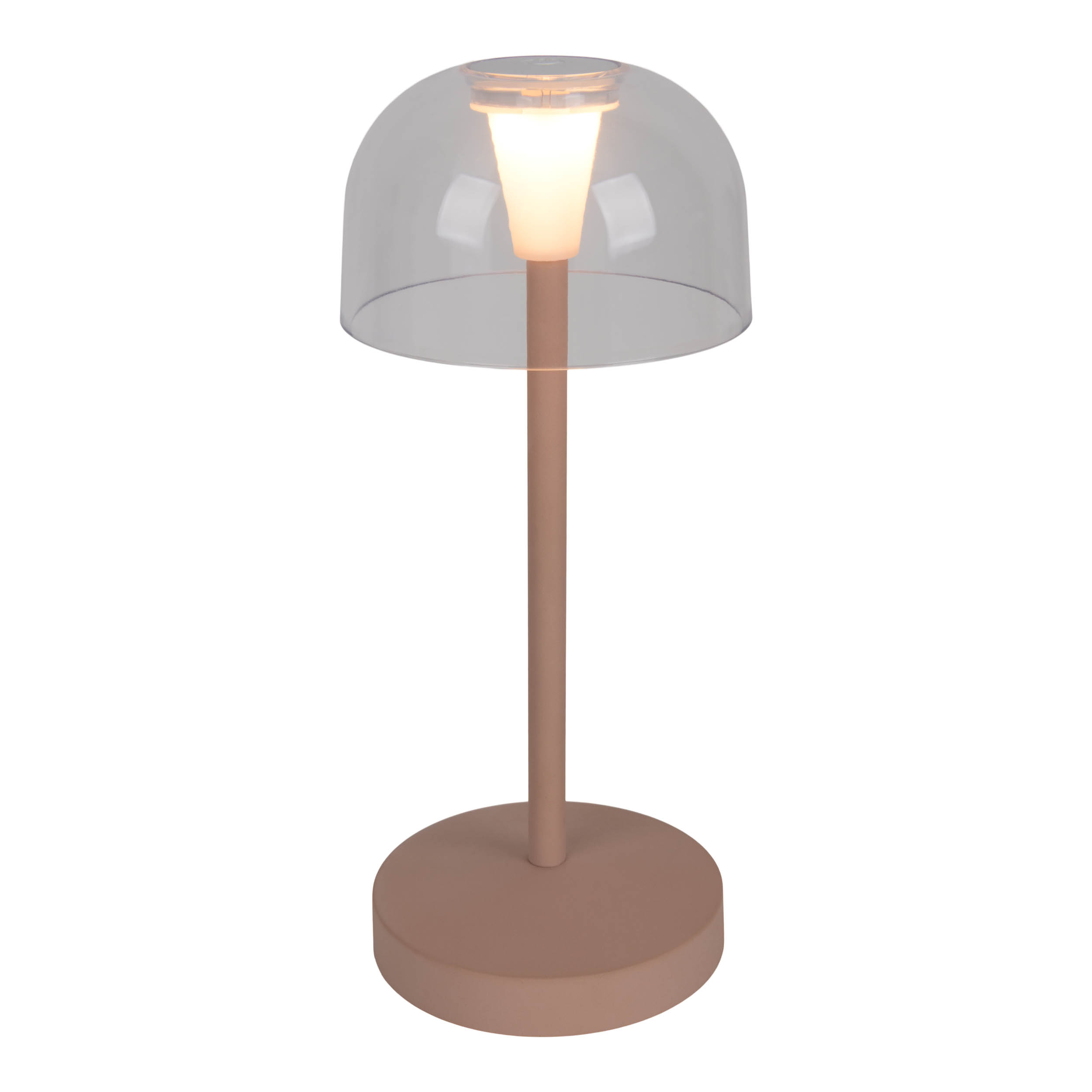 Una lampada da tavolo rosa con un paralume a cupola trasparente, su sfondo bianco.