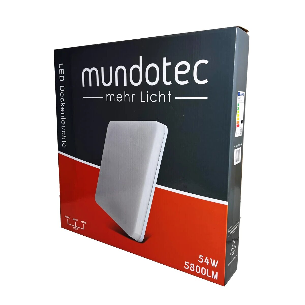 Verpackte Mundotec Deckenleuchte mit Text und Spezifikationen. Die Box ist schwarz, rot und weiß.