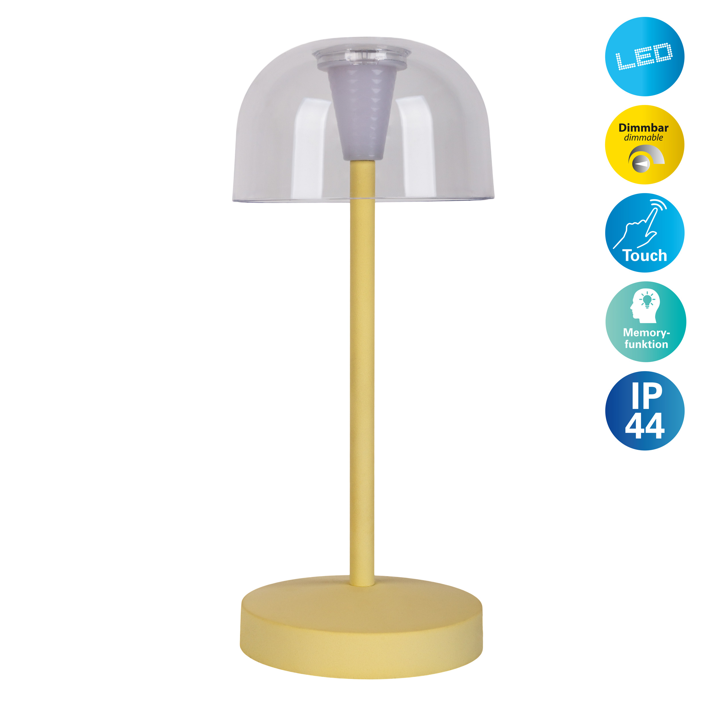 Gelbe Tischlampe mit klarer Kuppel auf weißem Hintergrund. Touch-Control-Etiketten sind sichtbar.