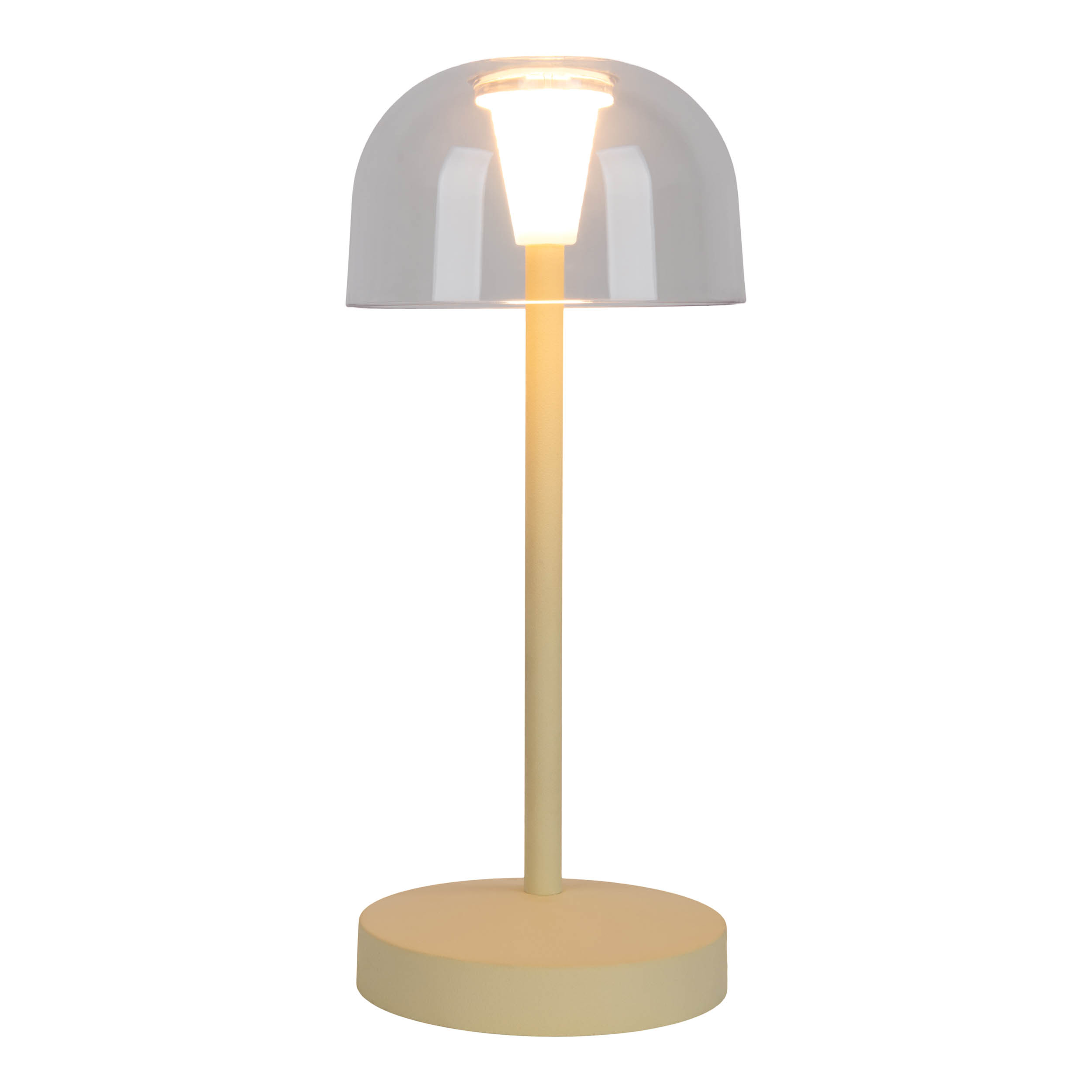 Lampada da tavolo. Paralume a cupola trasparente sopra una lampadina accesa. Base e stelo beige. Sfondo bianco.
