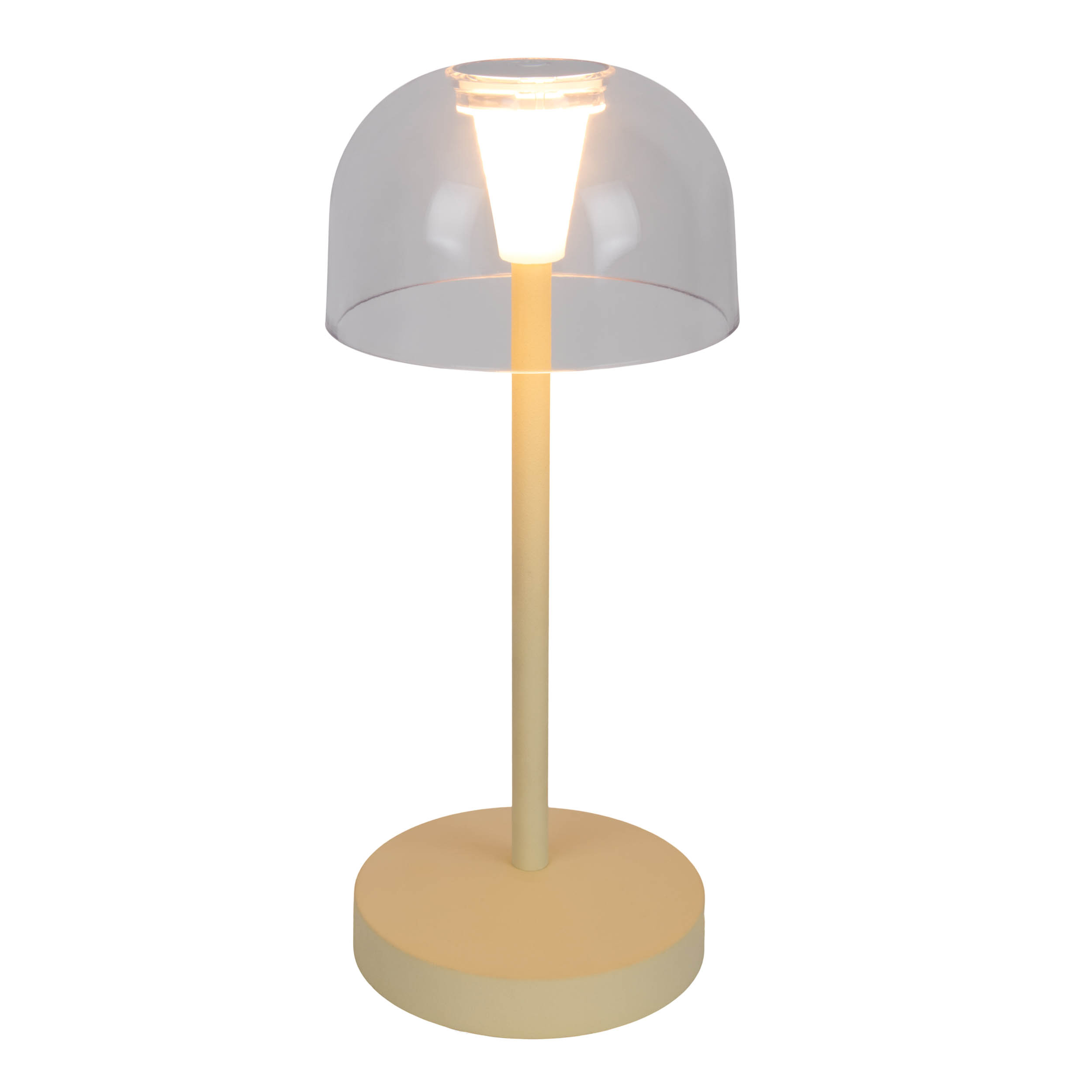 Lampada da tavolo con paralume trasparente a forma di cupola e base e stelo beige. Su sfondo bianco.