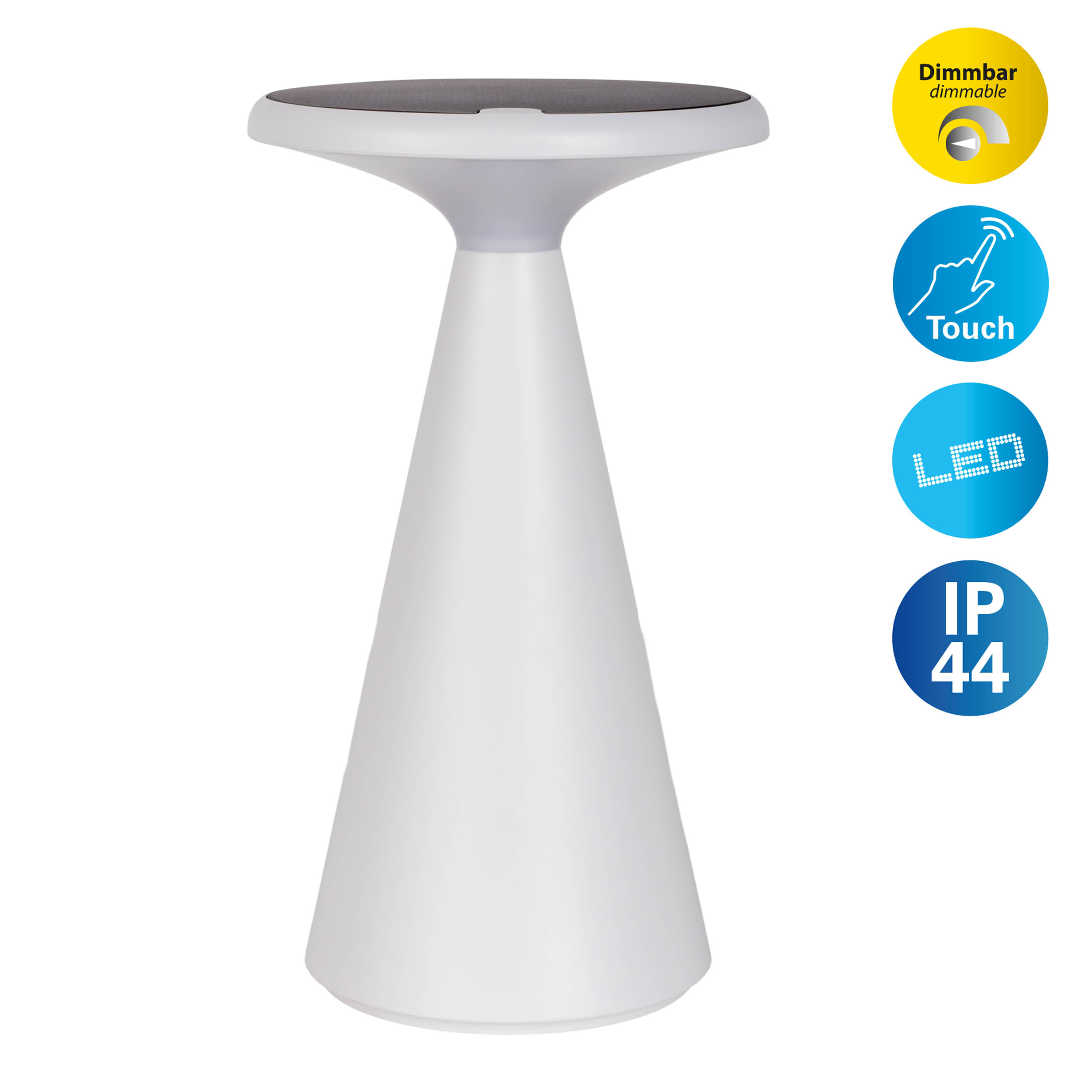 Eine weiße, konische Lampe mit Touch-, Dimm- und LED-Symbolen.