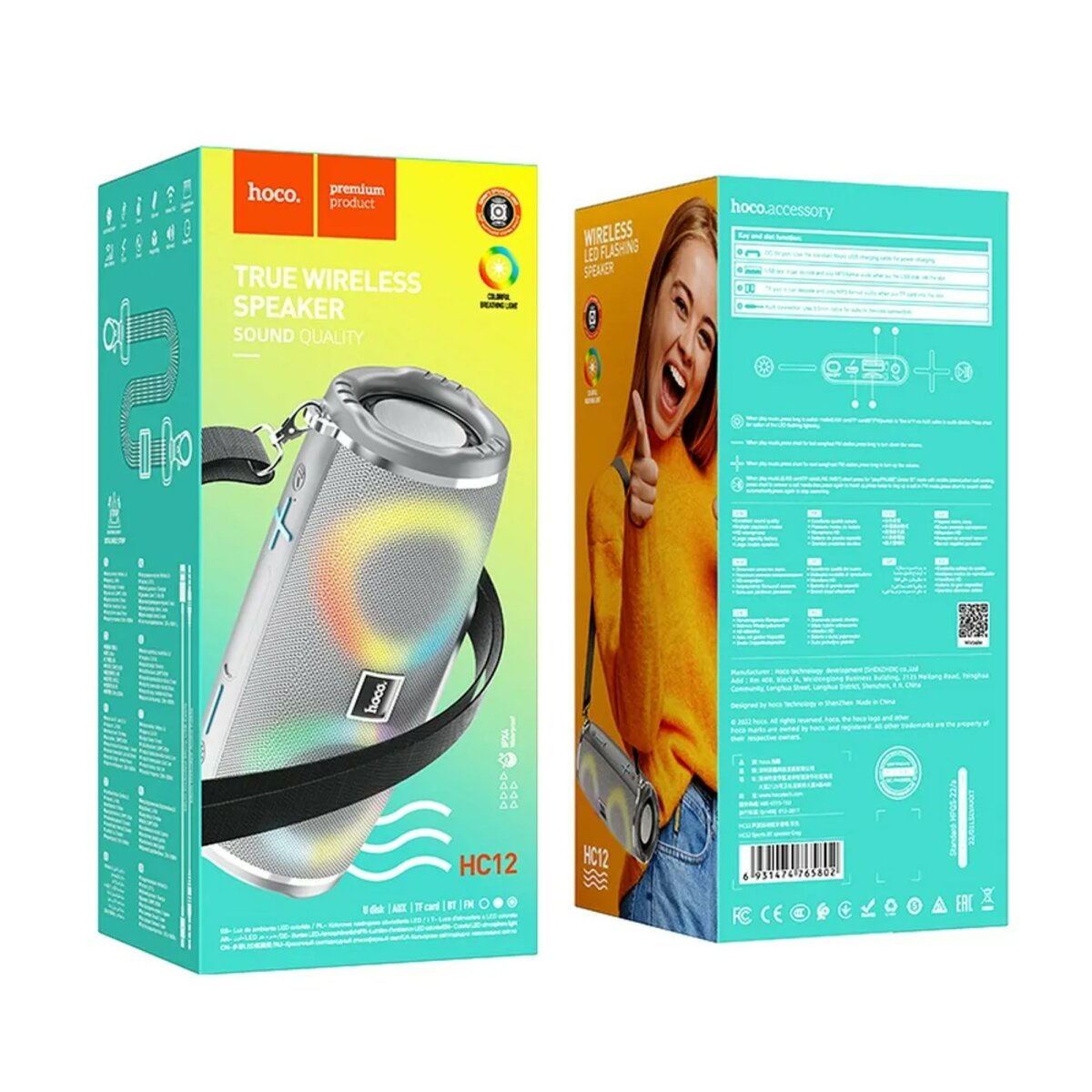 Due viste di un altoparlante wireless in una scatola. La parte anteriore mostra l'altoparlante con luci arcobaleno. Il retro ha del testo.