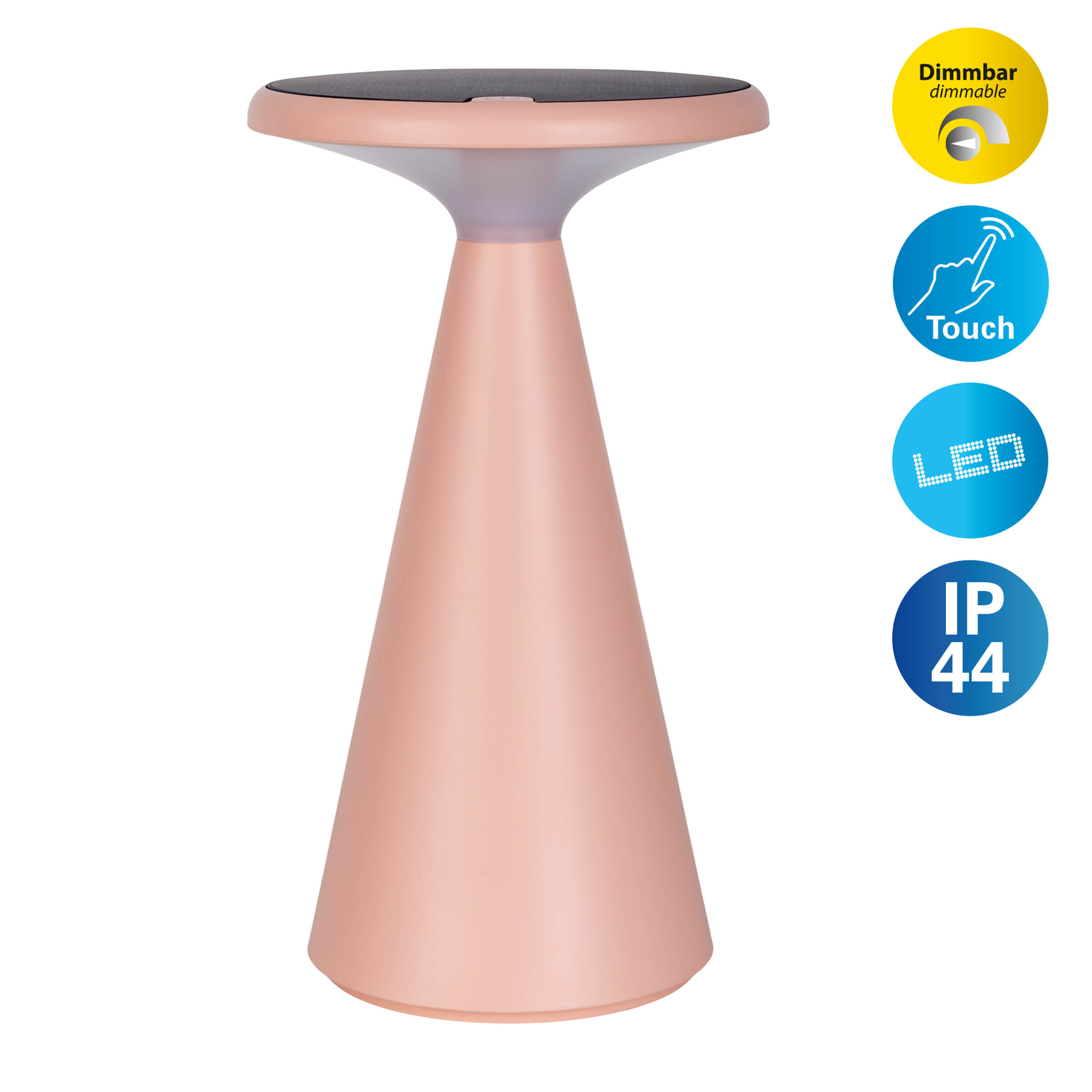 Rosa, kegelförmige Tischlampe mit Touch-, Dimm- und LED-Symbolen, mit IP44-Einstufung auf der rechten Seite.