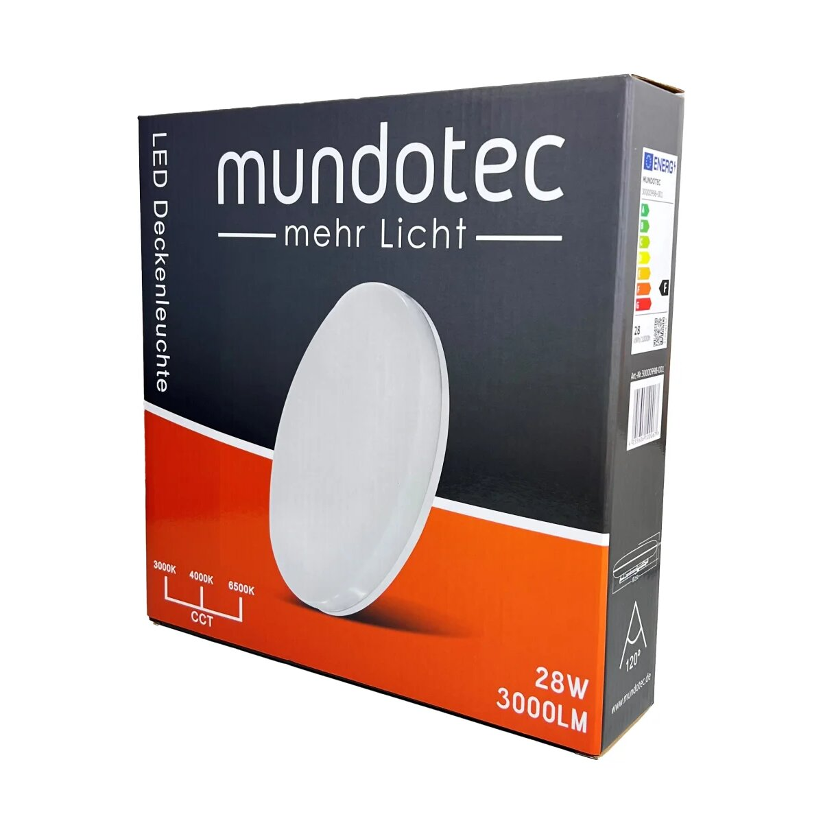 Mundotec LED-Deckenleuchte-Box, mit Produktdetails, Energielabel und weißem Licht.