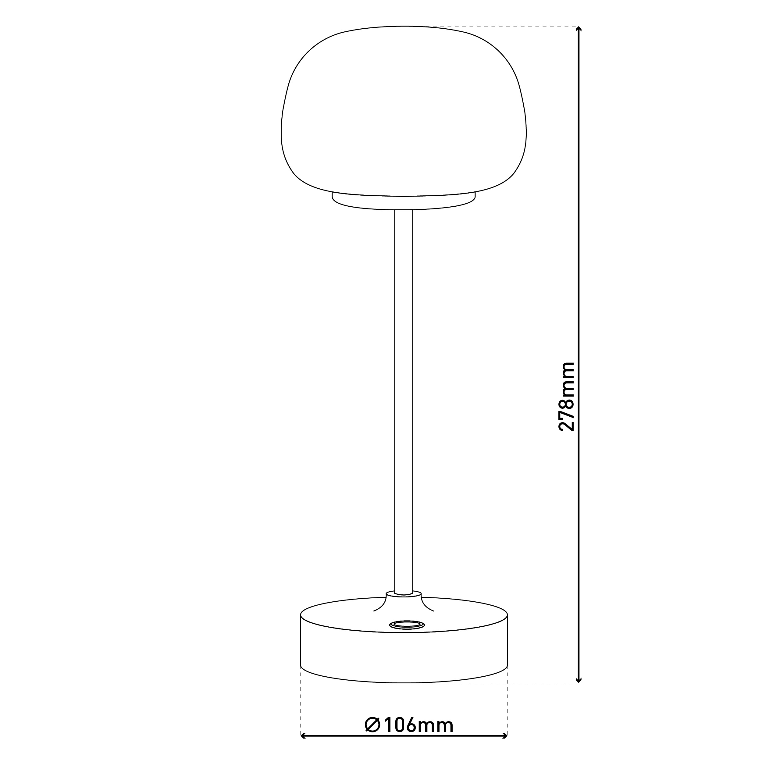Eine minimalistische weiße Tischlampe mit rundem Oberteil und kreisförmigem Sockel. Abmessungen sind angegeben.