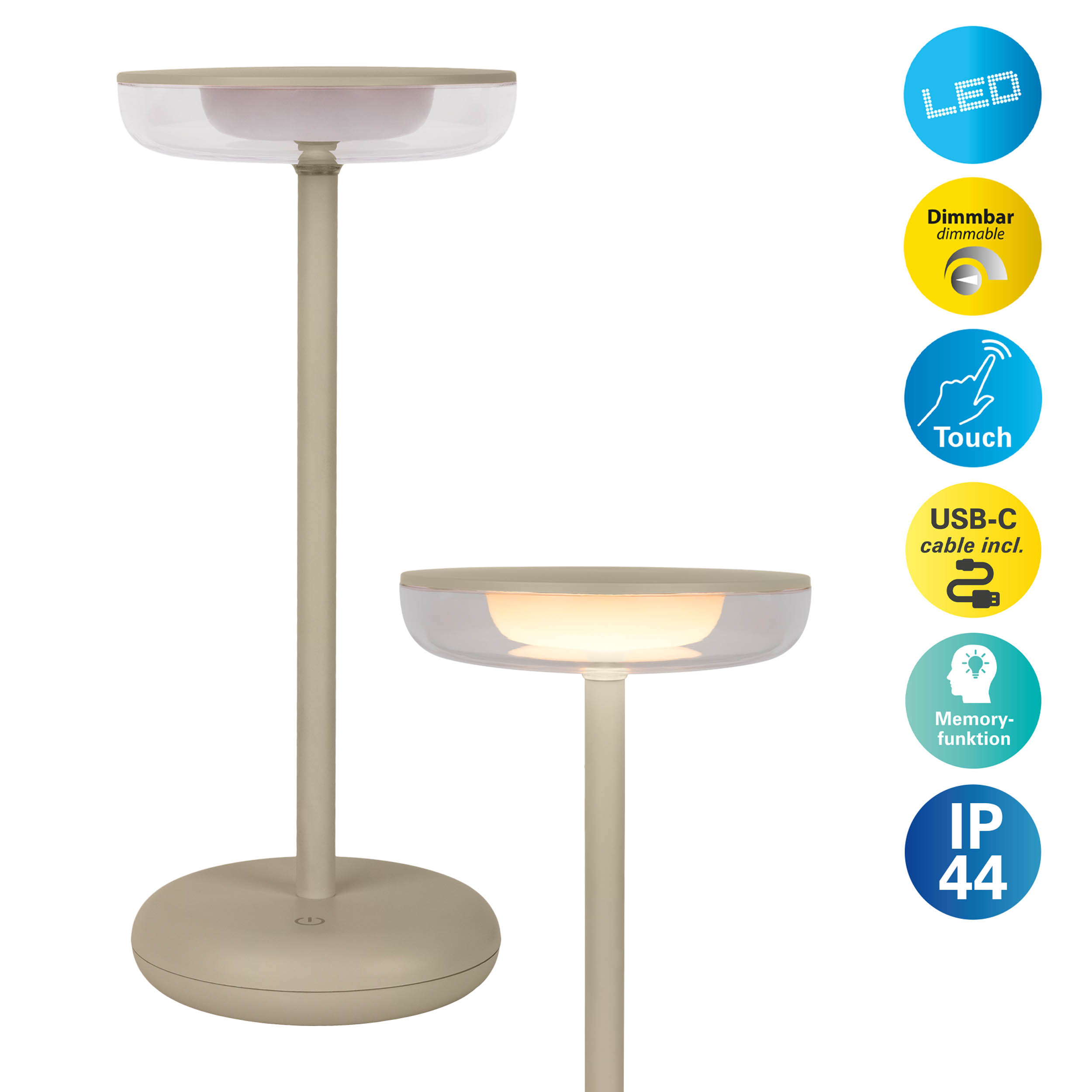 Zwei beige Tischlampen mit transparenten Schirmen und Info-Symbolen auf weißem Hintergrund.