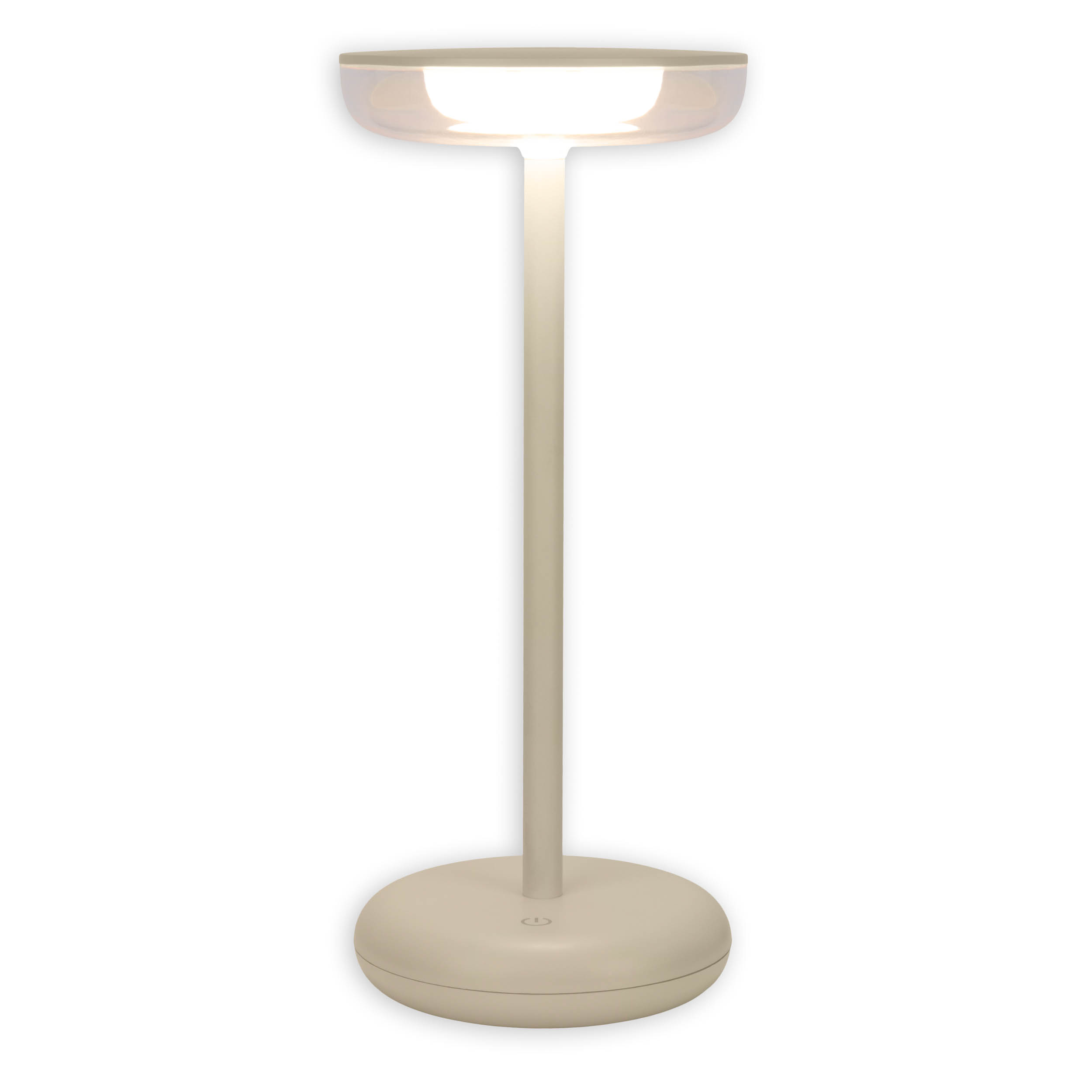 Eine hohe beige Lampe mit kleinem, rundem Sockel, einem Pfosten und einer beleuchteten, schalenförmigen Spitze.