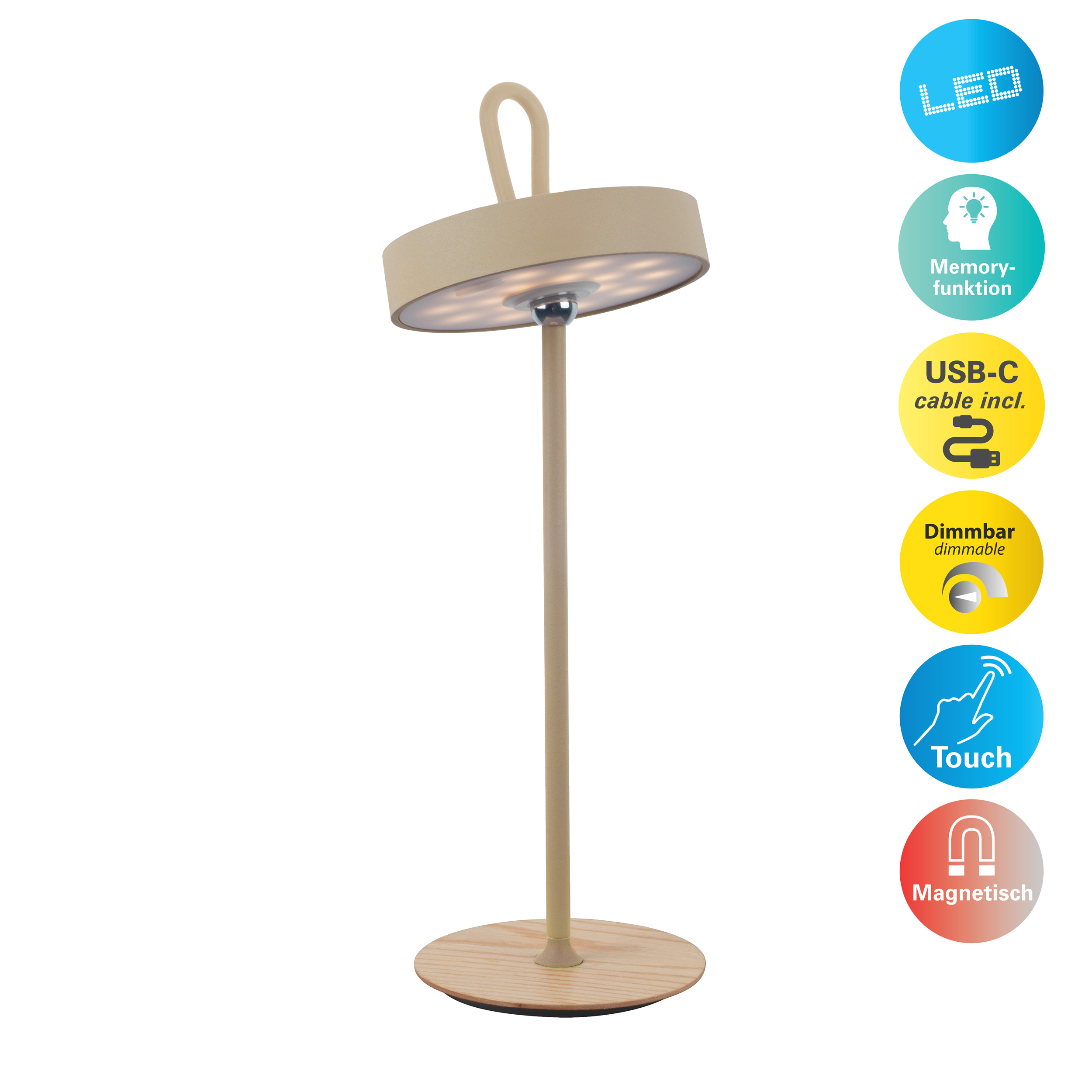 Beige Lampe mit rundem Oberteil, Stiel und Fuß, mit Symbolen an der Seite.