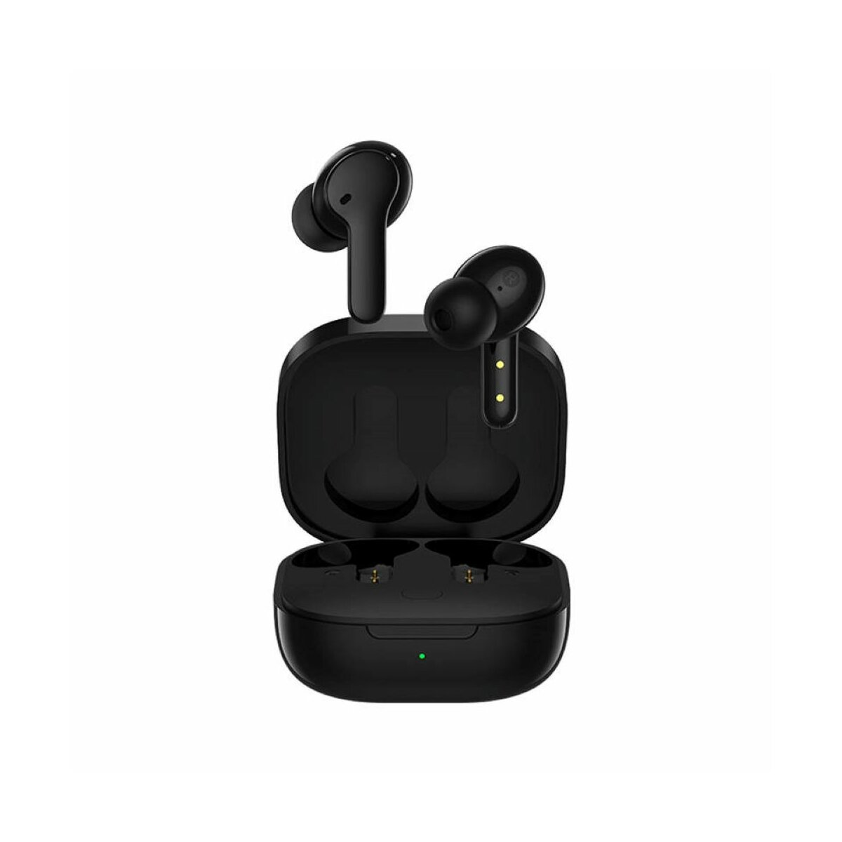 Auricolari wireless neri nella loro custodia di ricarica, che mostrano gli auricolari e la custodia.
