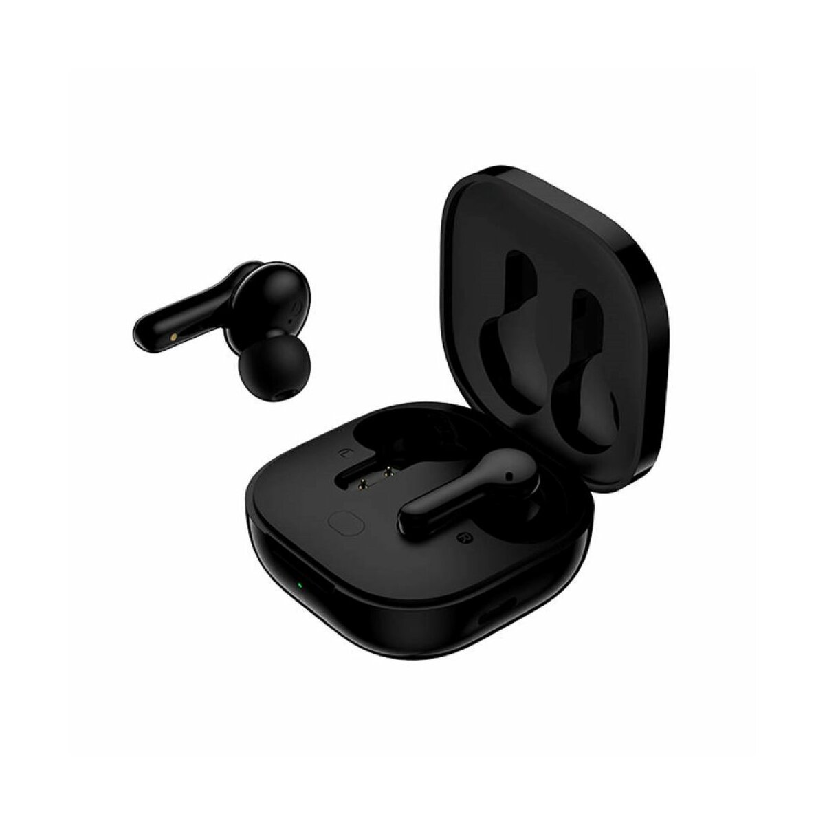 Auricolari neri con custodia di ricarica, mostrati aperti.