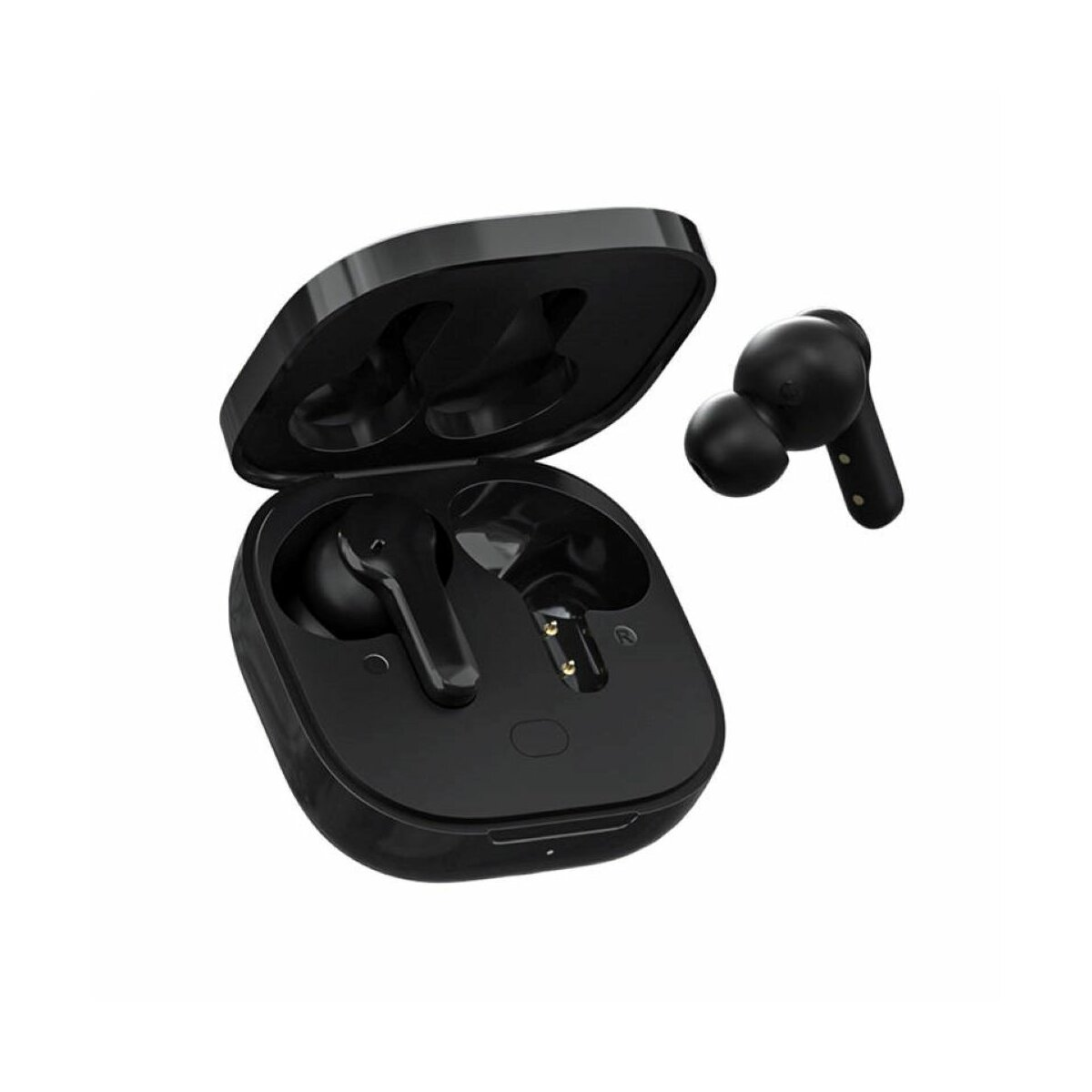Auricolari wireless neri e custodia di ricarica su sfondo bianco. La custodia è aperta.