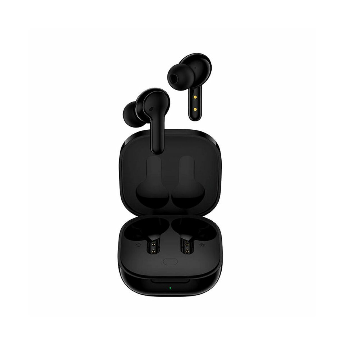 Auricolari neri con custodia di ricarica. Un auricolare è fuori dalla custodia.