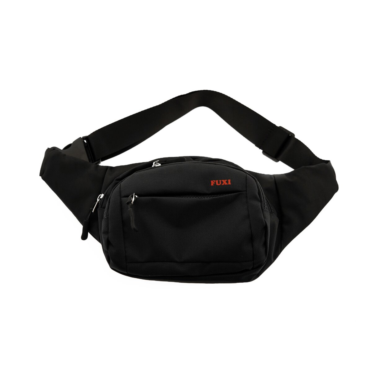 Eine schwarze Bauchtasche mit rotem "FUXI"-Logo, kleinen Reißverschlusstaschen und einem verstellbaren Gurt.