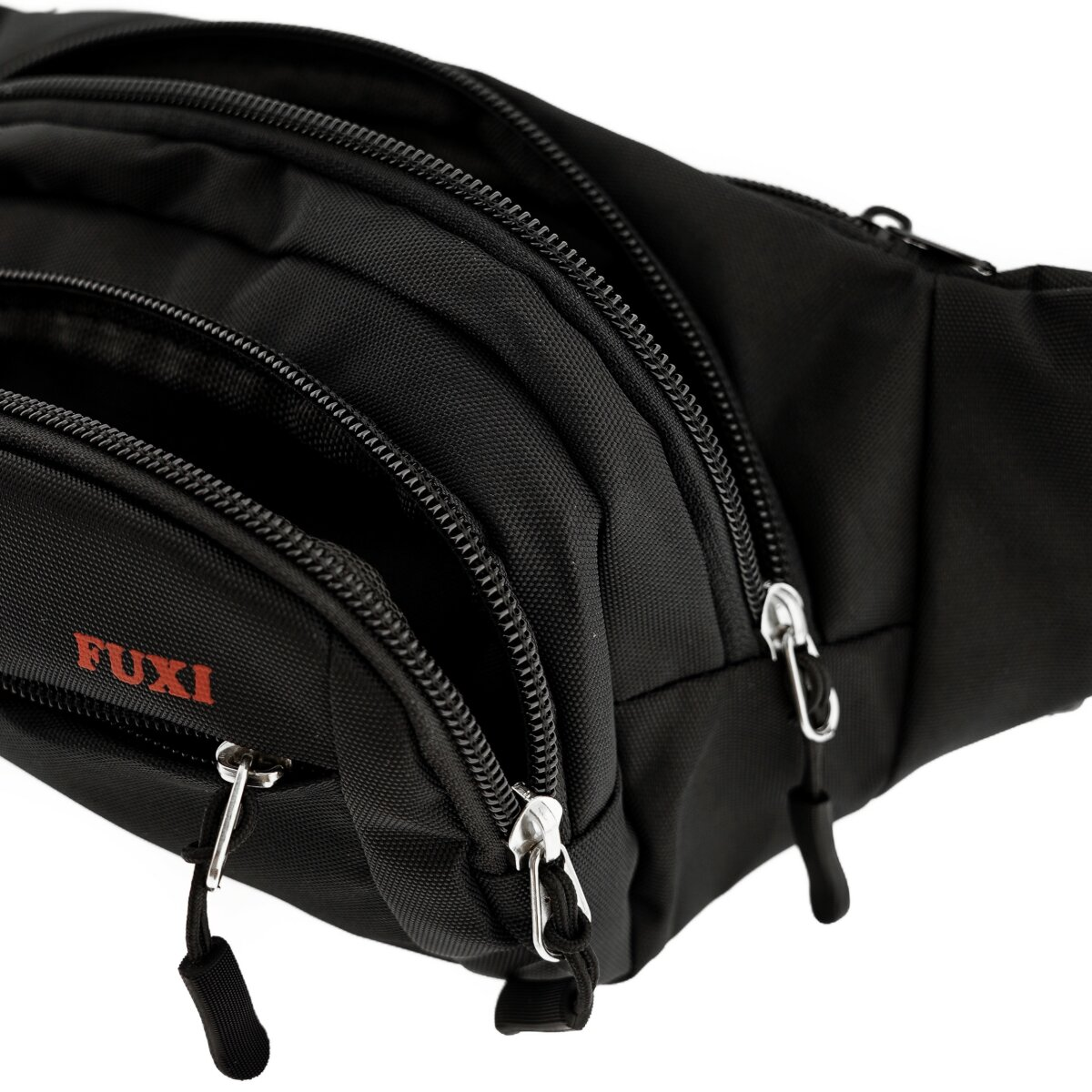 Eine schwarze Bauchtasche mit mehreren Reißverschlussfächern und rotem Text.