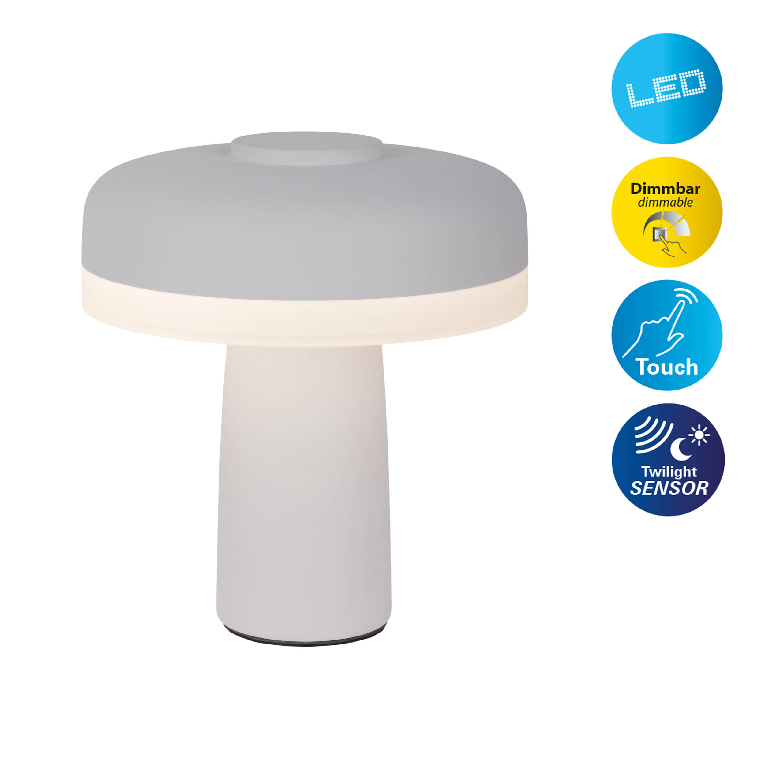 Weiß-graue pilzförmige LED-Lampe. Eigenschaften: dimmbar, Touch-Steuerung und Dämmerungssensor.