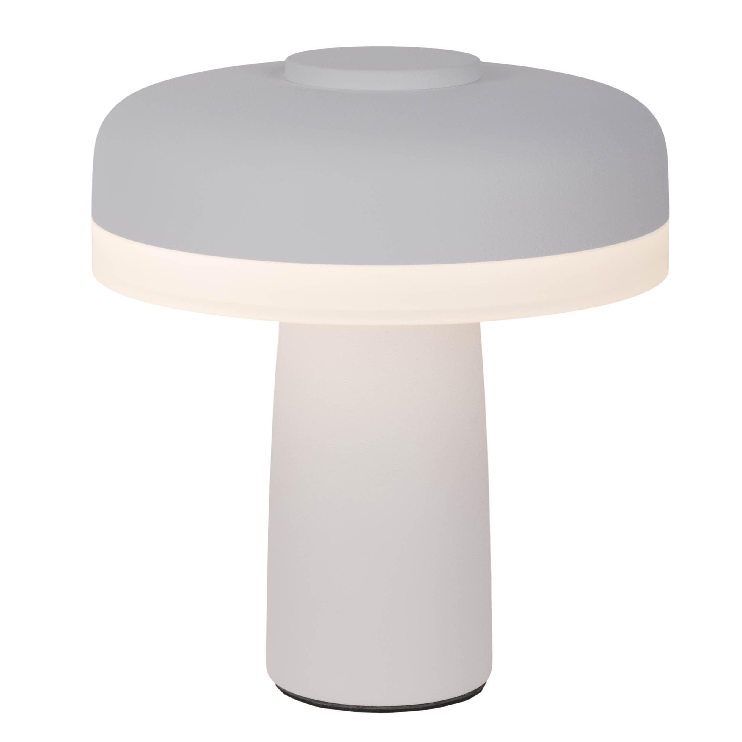 Eine pilzförmige Lampe, grauer Kopf, weißer Fuß, und ein heller Rand, weißer Hintergrund.