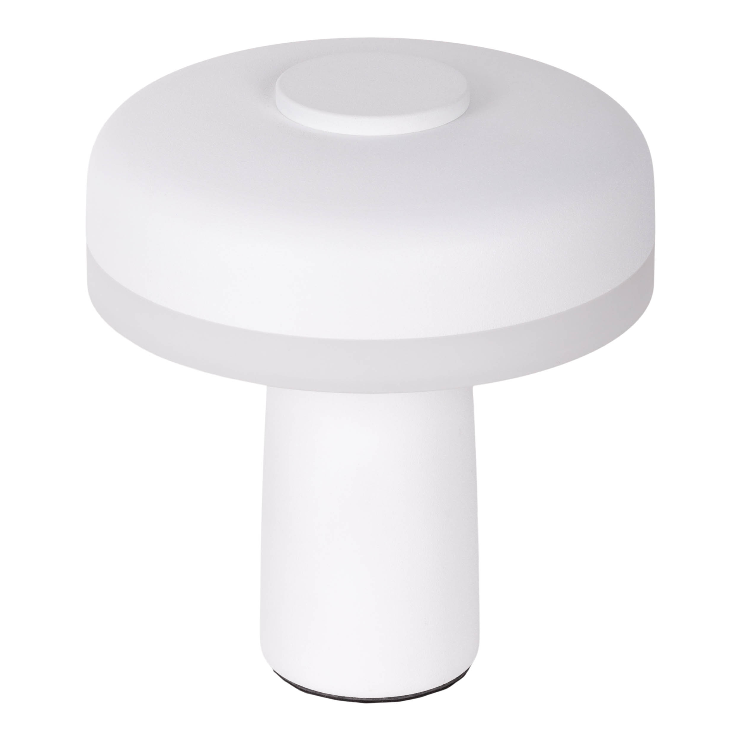 Weiße pilzförmige Lampe. Sie hat einen runden Kopf mit Lichtring und einen Stielfuß.