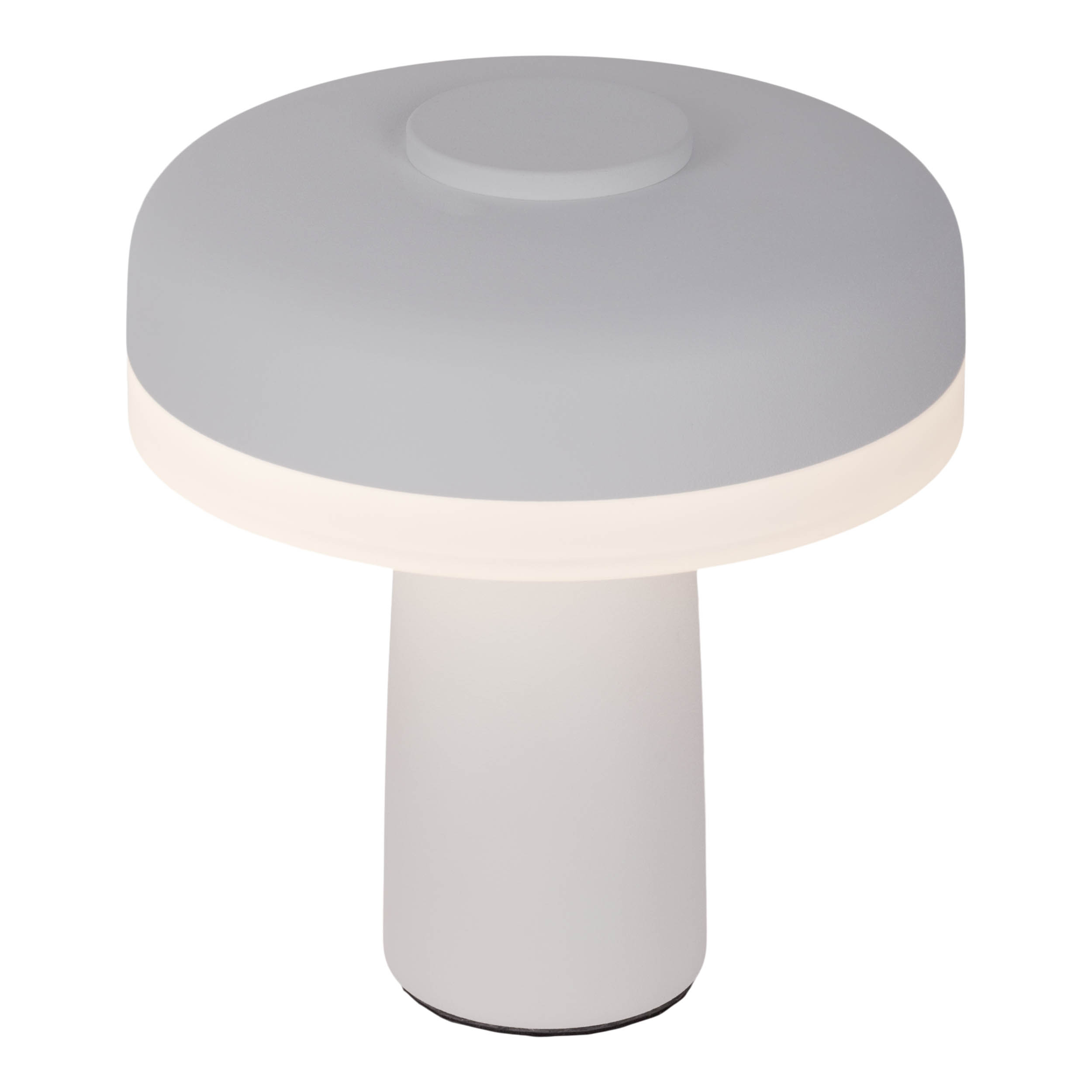 Eine pilzförmige Lampe in Weiß und Grau auf weißem Hintergrund.