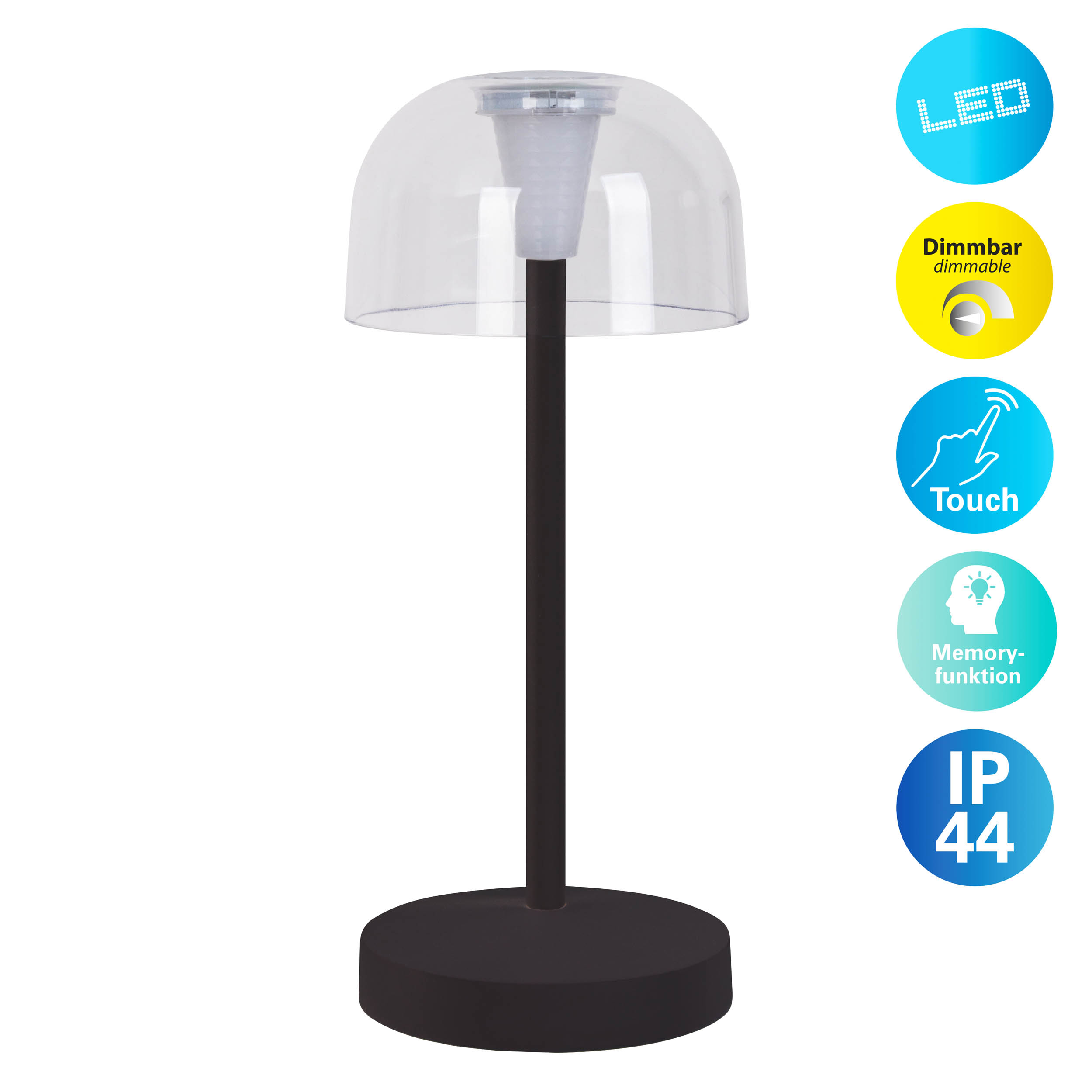 Schwarze Tischlampe mit klarer Kuppel. Symbole für LED, dimmbar, Touch, Speicherfunktion und IP44 werden angezeigt.