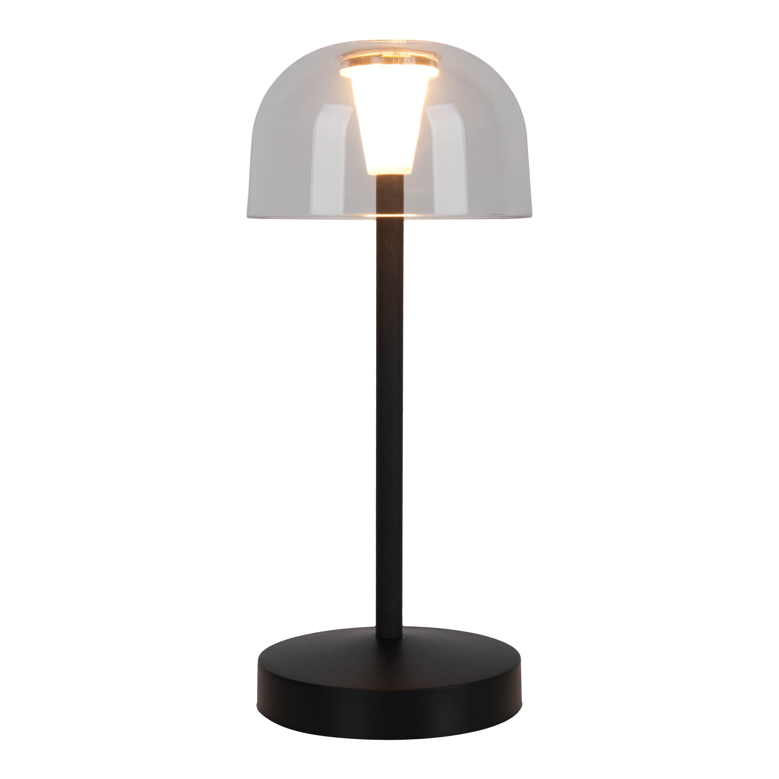 Una lampada da tavolo nera con paralume trasparente a forma di cupola, su sfondo bianco.