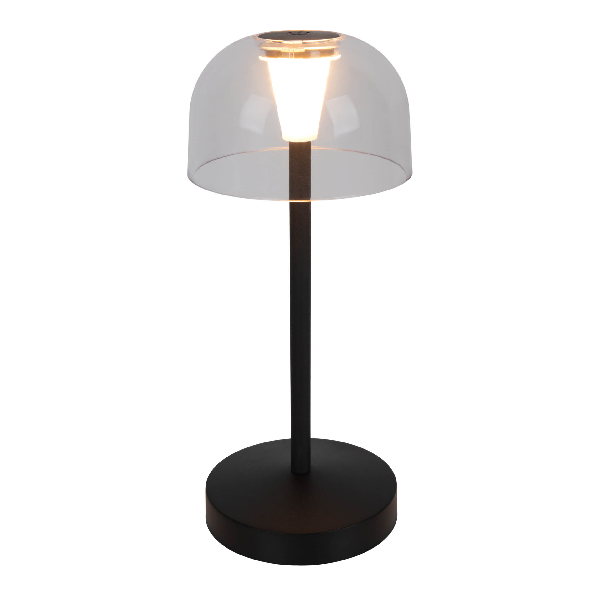 Lampada nera con cupola trasparente e luce bianca. Sfondo bianco.
