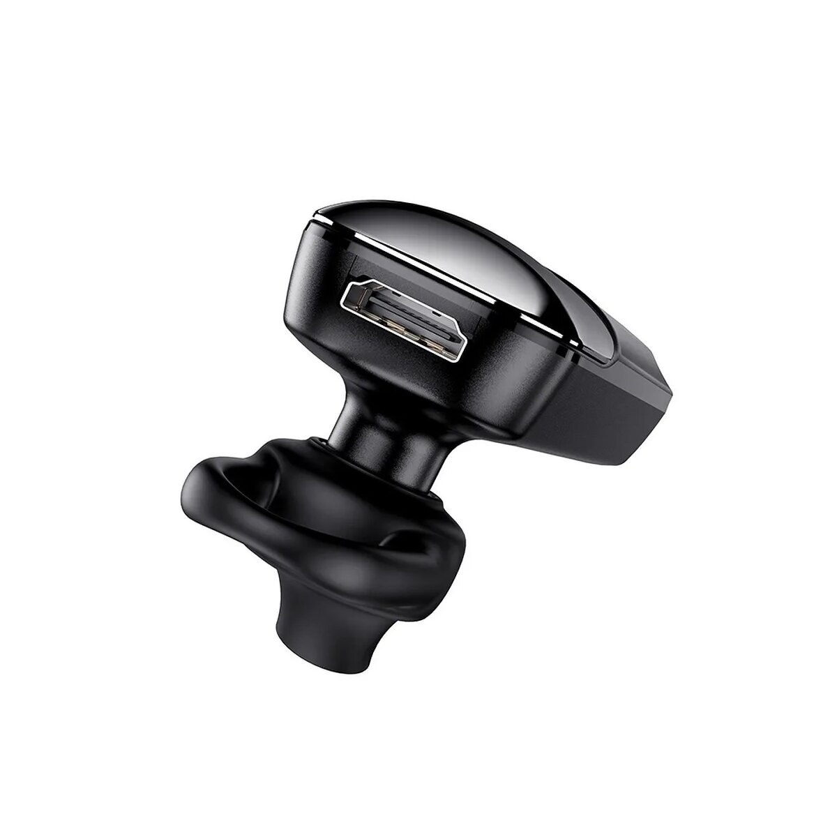 Ein schwarzes Bluetooth-Headset mit USB-Anschluss. Es hat ein geschwungenes Design und einen Ohrhaken. Isoliert auf weißem Hintergrund.