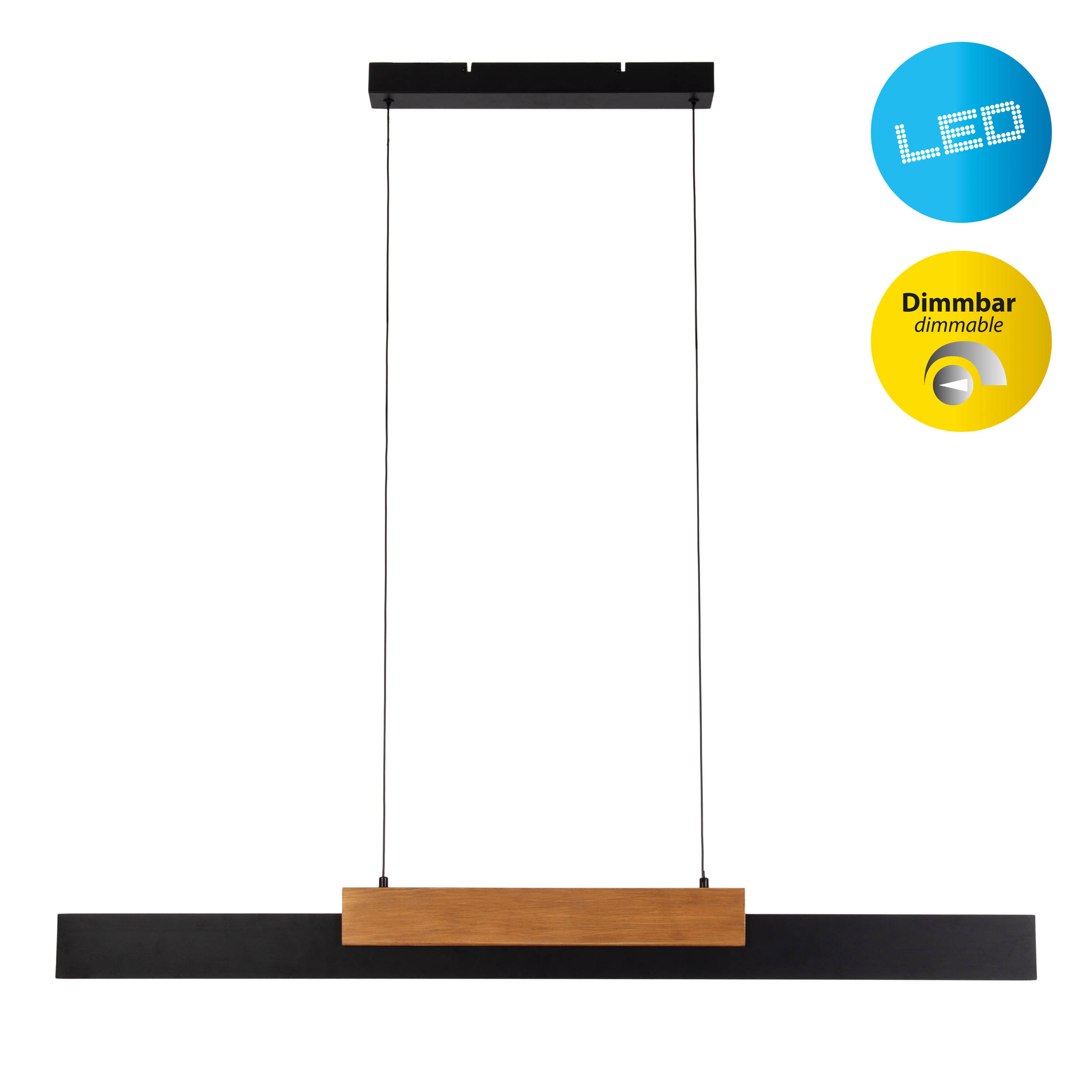 Eine schwarze rechteckige LED-Pendelleuchte mit Holzstreifen. Es gibt LED- und dimmbare Symbole.