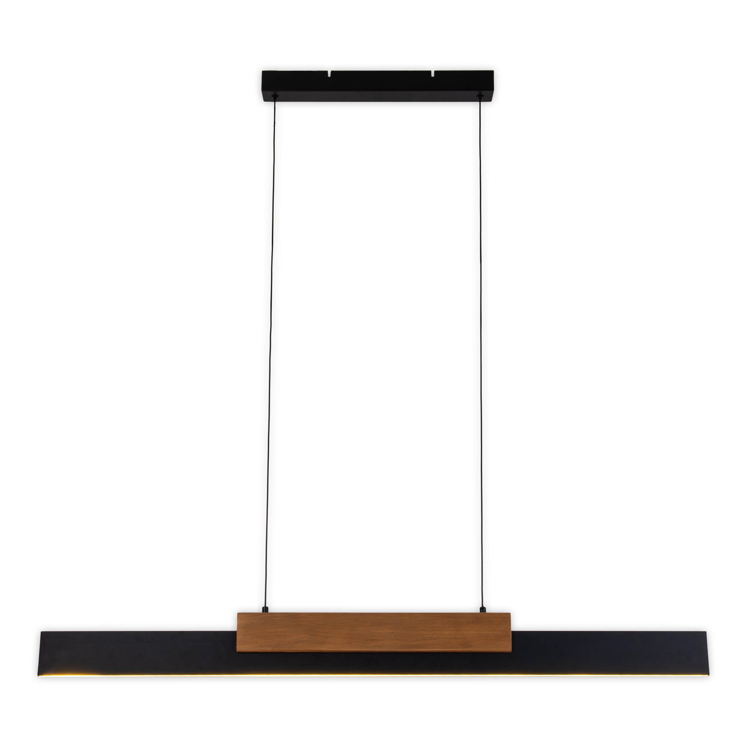 Hängende lineare Pendelleuchte in Schwarz und Holzfarbe.