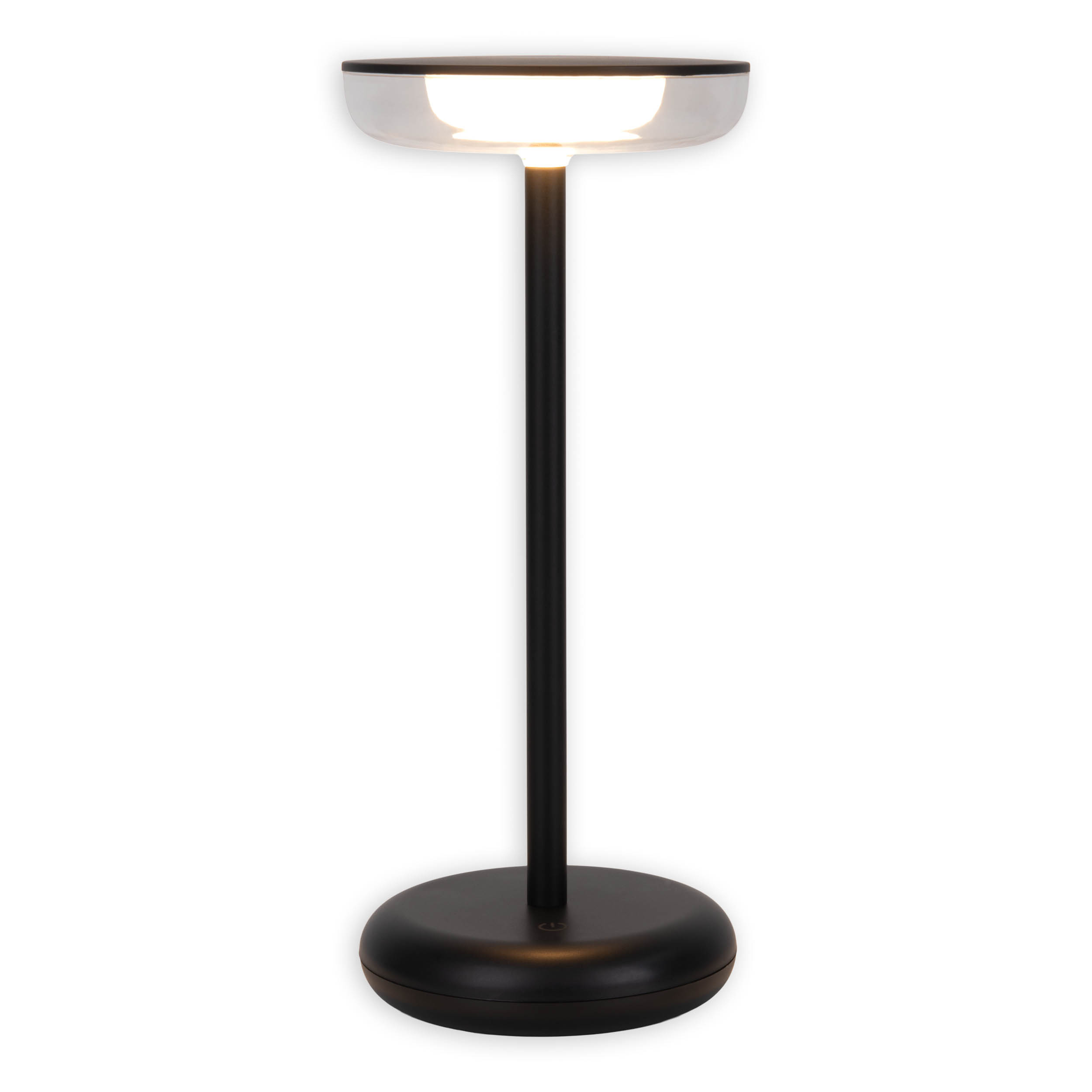 Eine schwarze Lampe mit rundem Sockel und klarer Oberseite. Das Licht ist an.