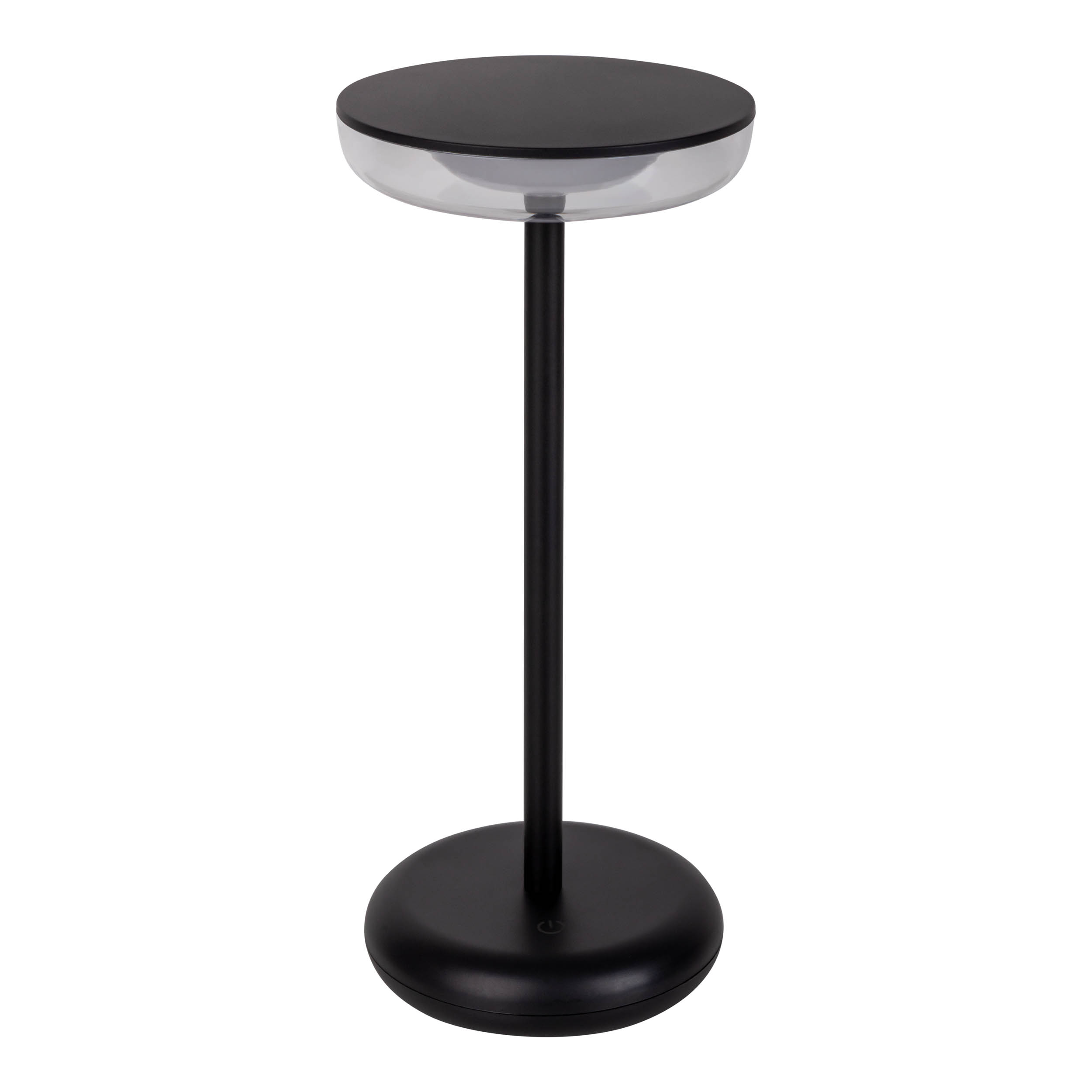 Eine schwarze Lampe mit rundem Sockel und Oberteil mit silbernem Rand.