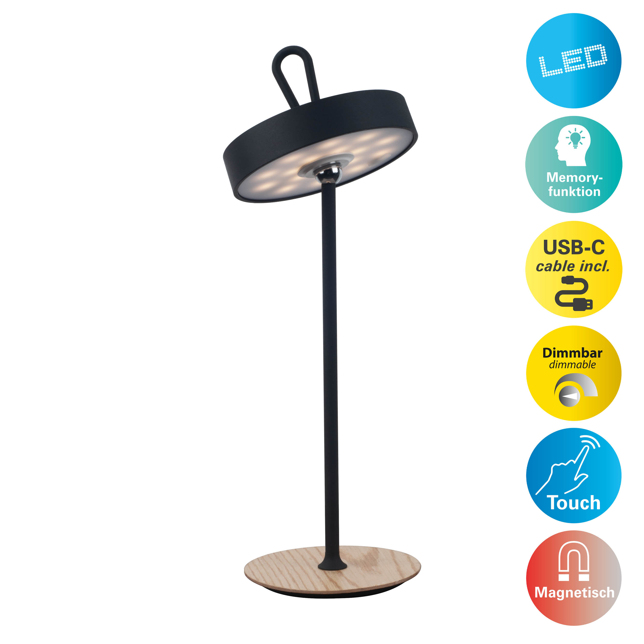 Eine schwarz-holzfarbene LED-Schreibtischlampe mit kreisförmigem Licht und verschiedenen Funktionssymbolen.