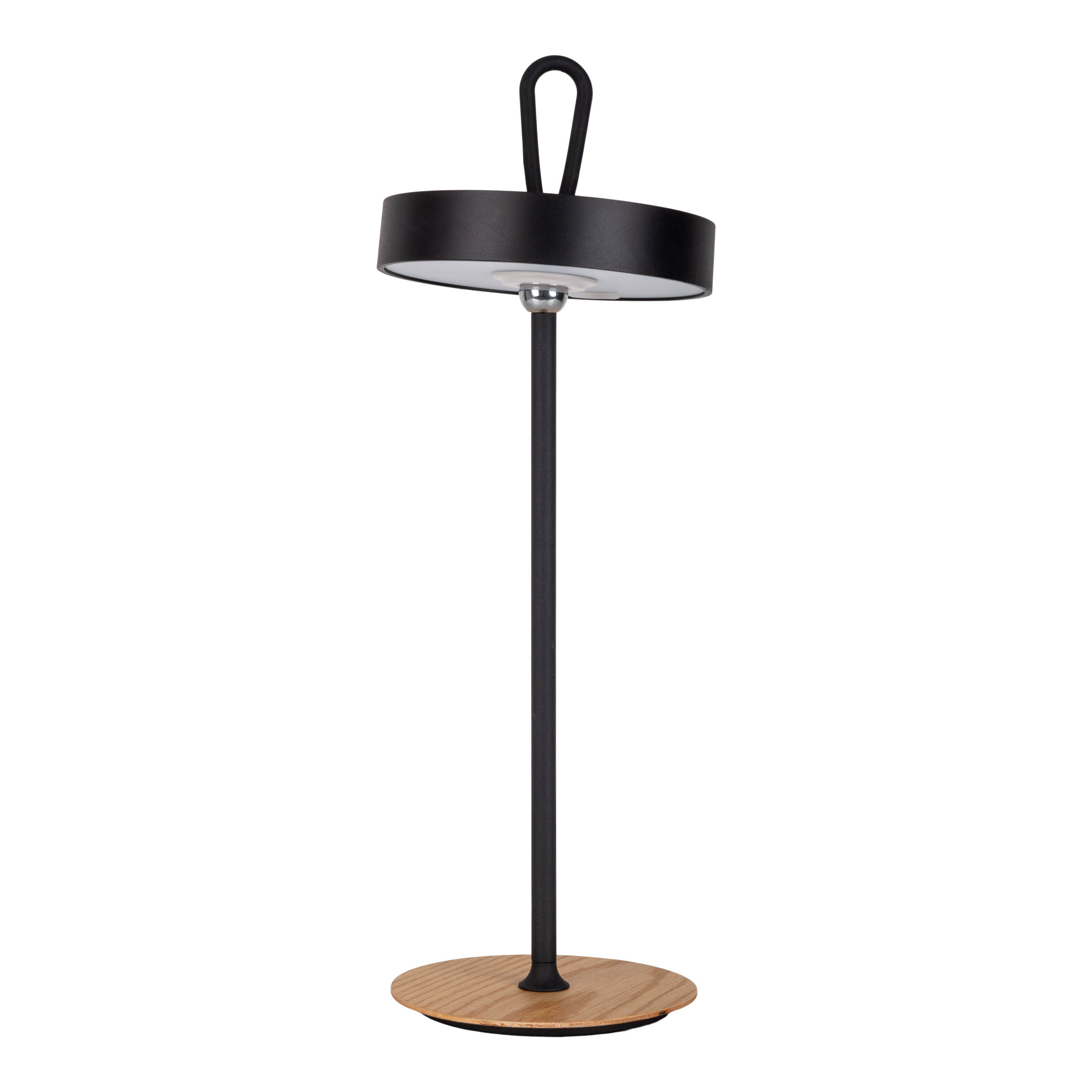 Schwarze Lampe mit rundem Schirm und Holzsockel.