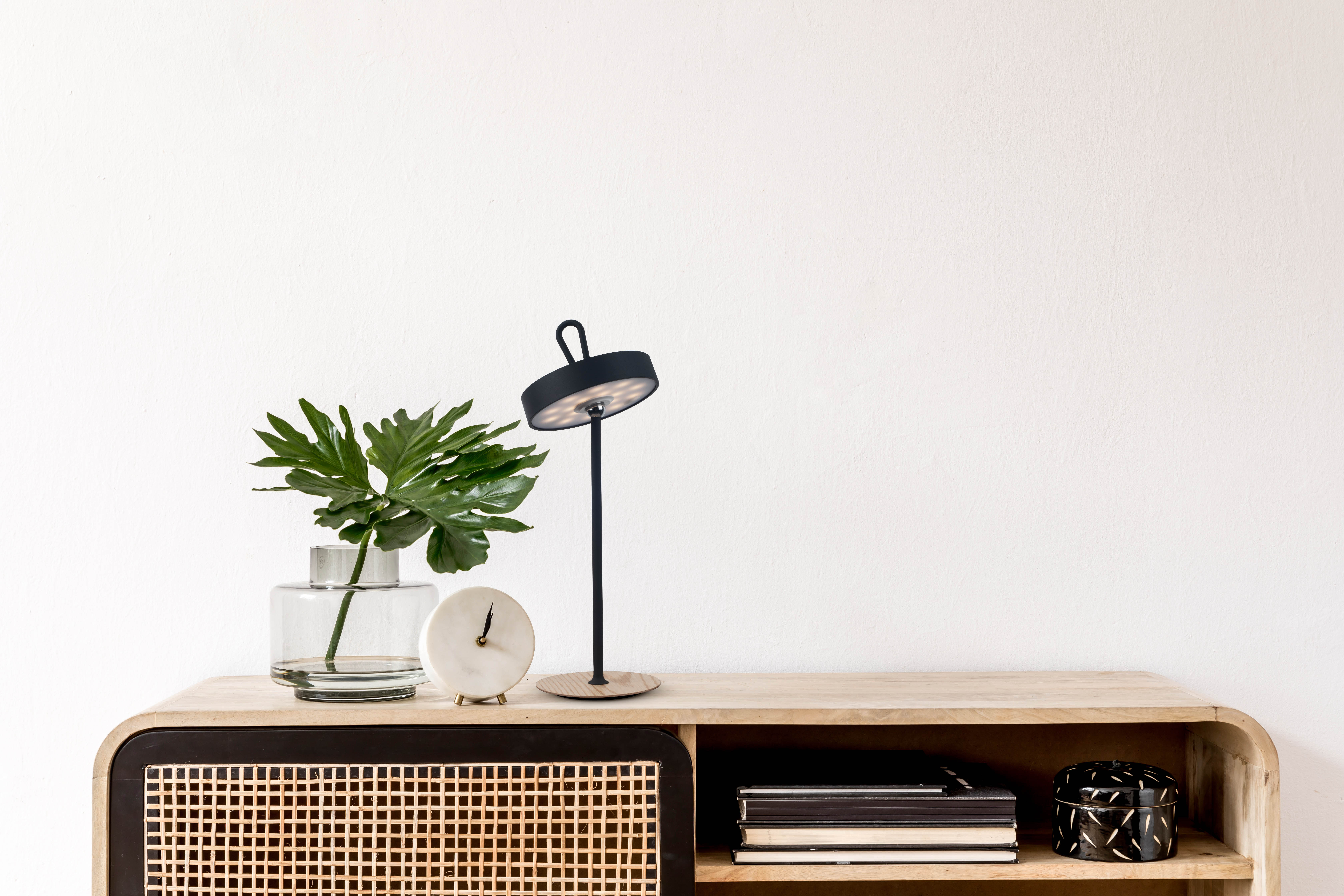 Ein moderner Holzschrank mit einer Tischlampe, einer Uhr und einer grünen Pflanze in einer Glasvase oben drauf.