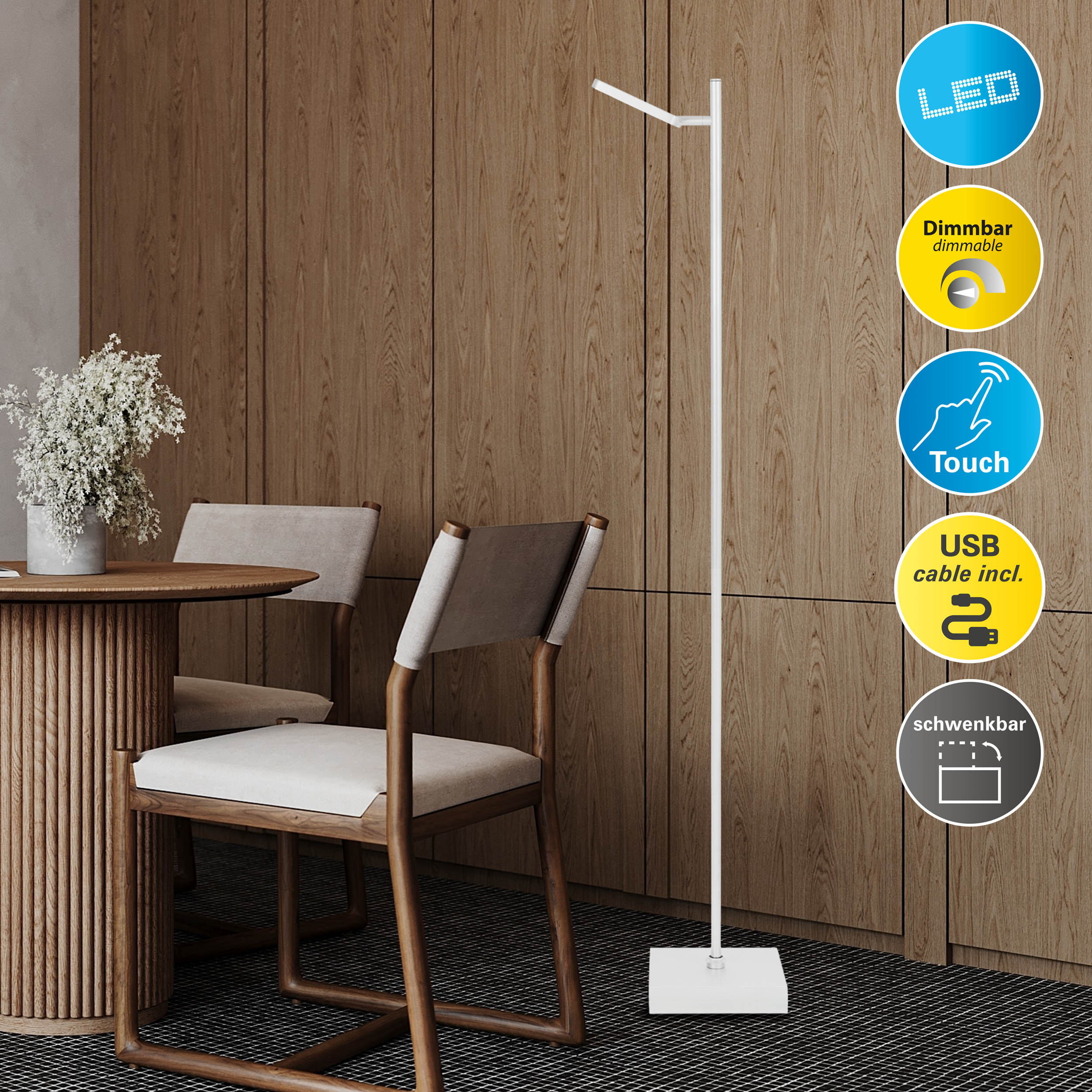 Weiße Stehlampe mit Symbolen für LED, dimmbar, Touch und USB.