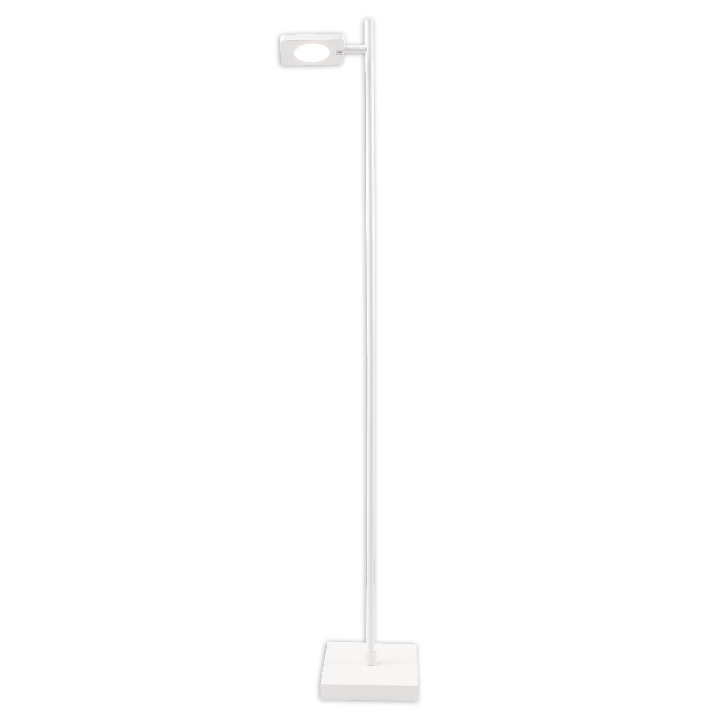 Eine weiße, hohe Stehlampe mit quadratischem Sockel und einem einzelnen, kreisförmigen Licht oben.