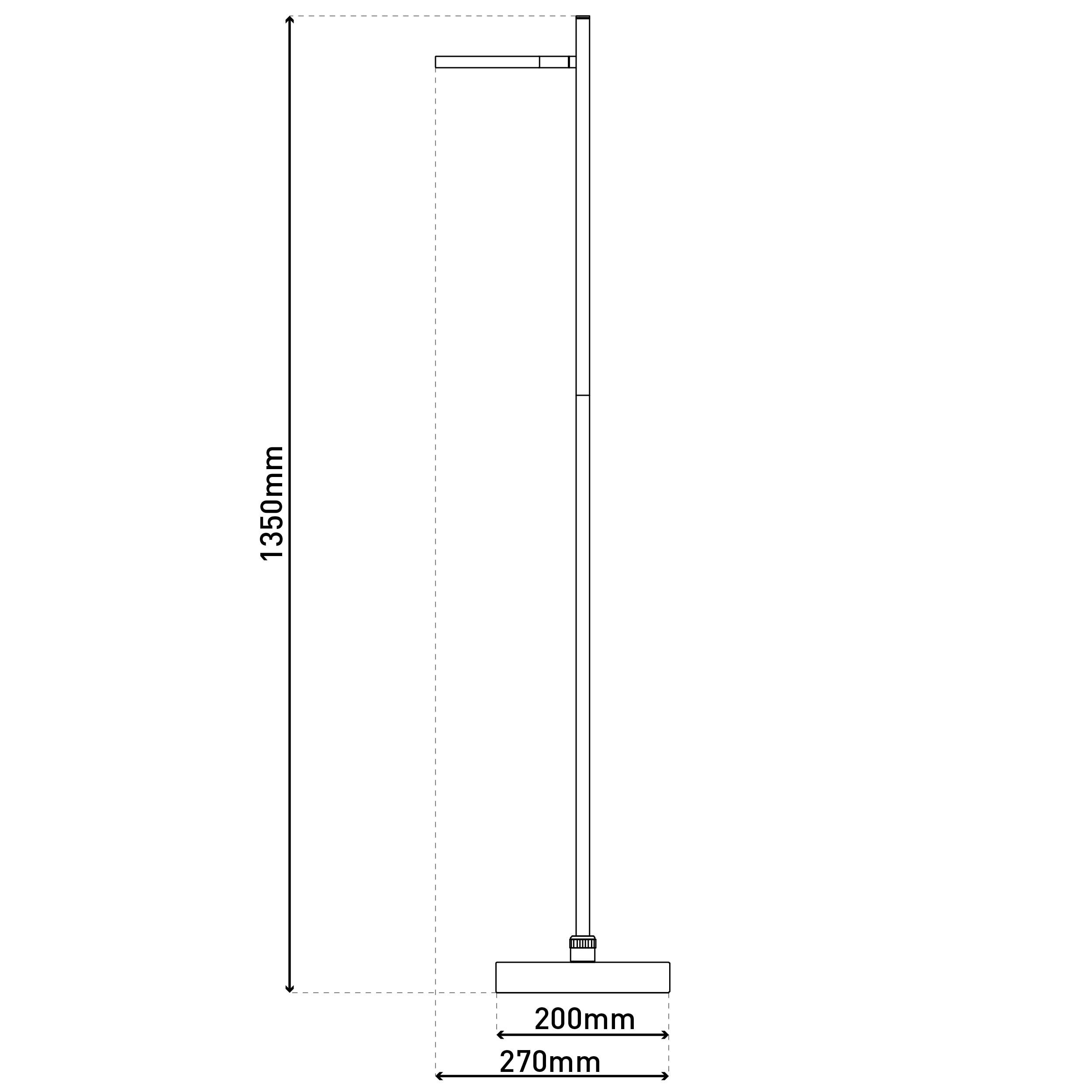 Ein Diagramm, das die Abmessungen einer Stehlampe zeigt, mit beschrifteter Höhe und Basisbreite.